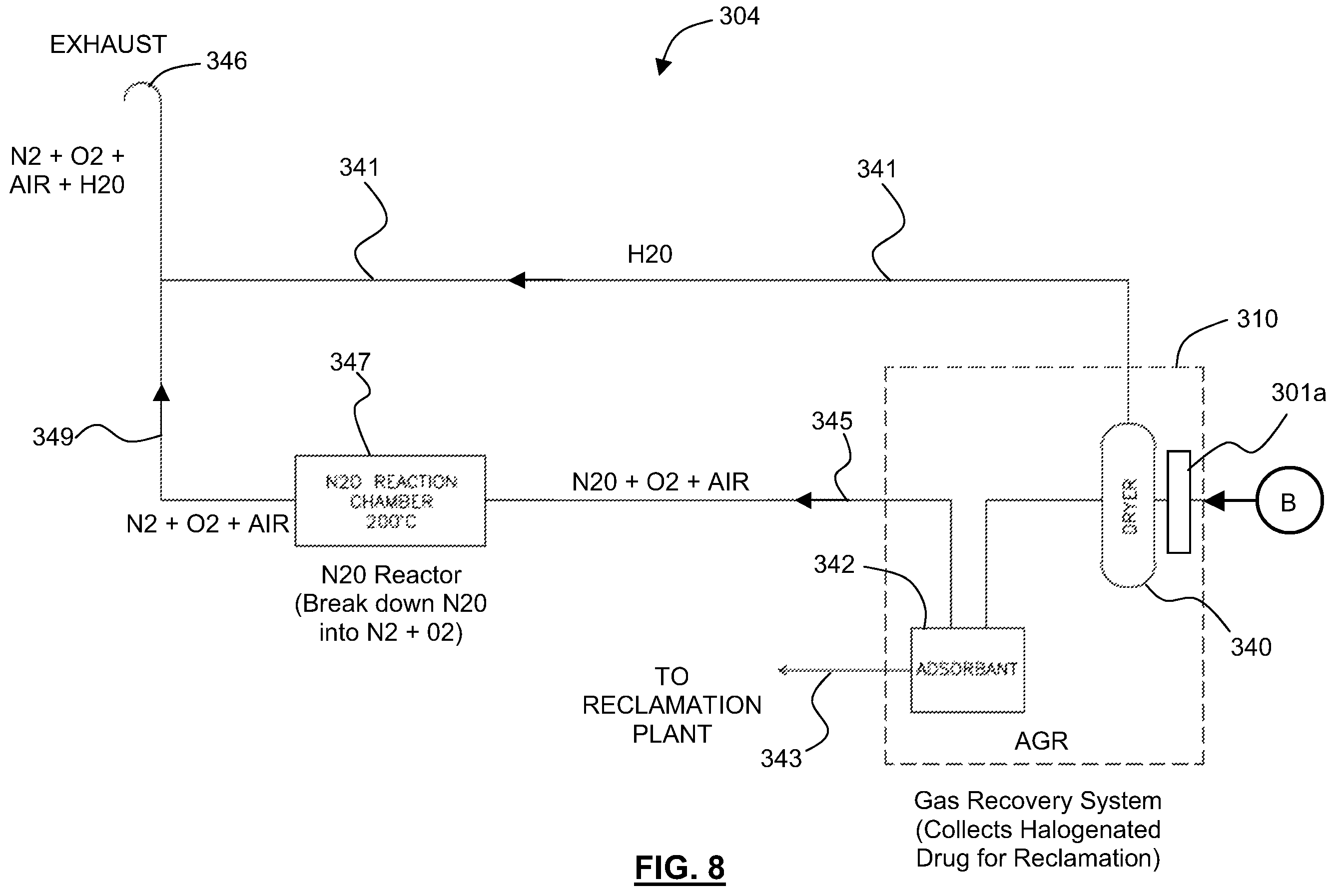 Patent US12403280 Figure 8 – Apparatus, systems and method for collecting and reclaiming anaesthetic agents and for removing nitrous oxide from exhaust gases