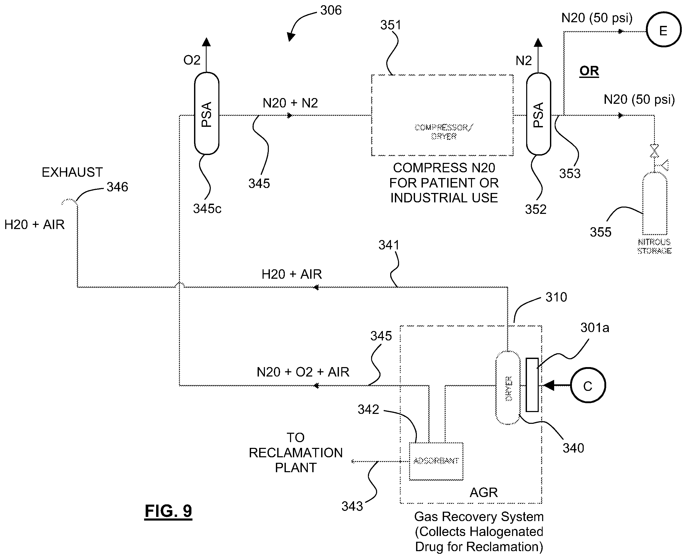 Patent US12403280 Figure 9 – Apparatus, systems and method for collecting and reclaiming anaesthetic agents and for removing nitrous oxide from exhaust gases