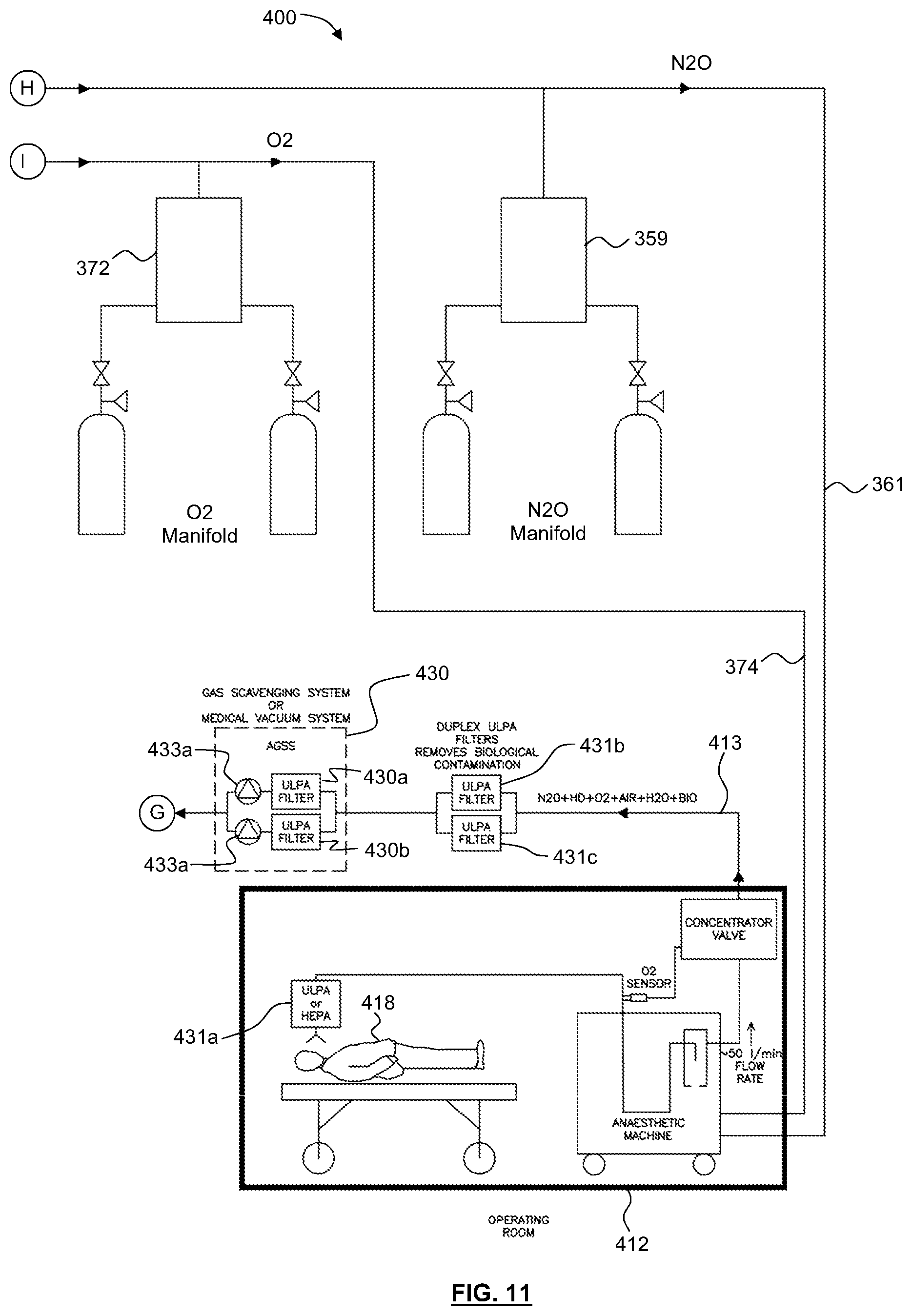 Patent US12403280 Figure 11 – Apparatus, systems and method for collecting and reclaiming anaesthetic agents and for removing nitrous oxide from exhaust gases