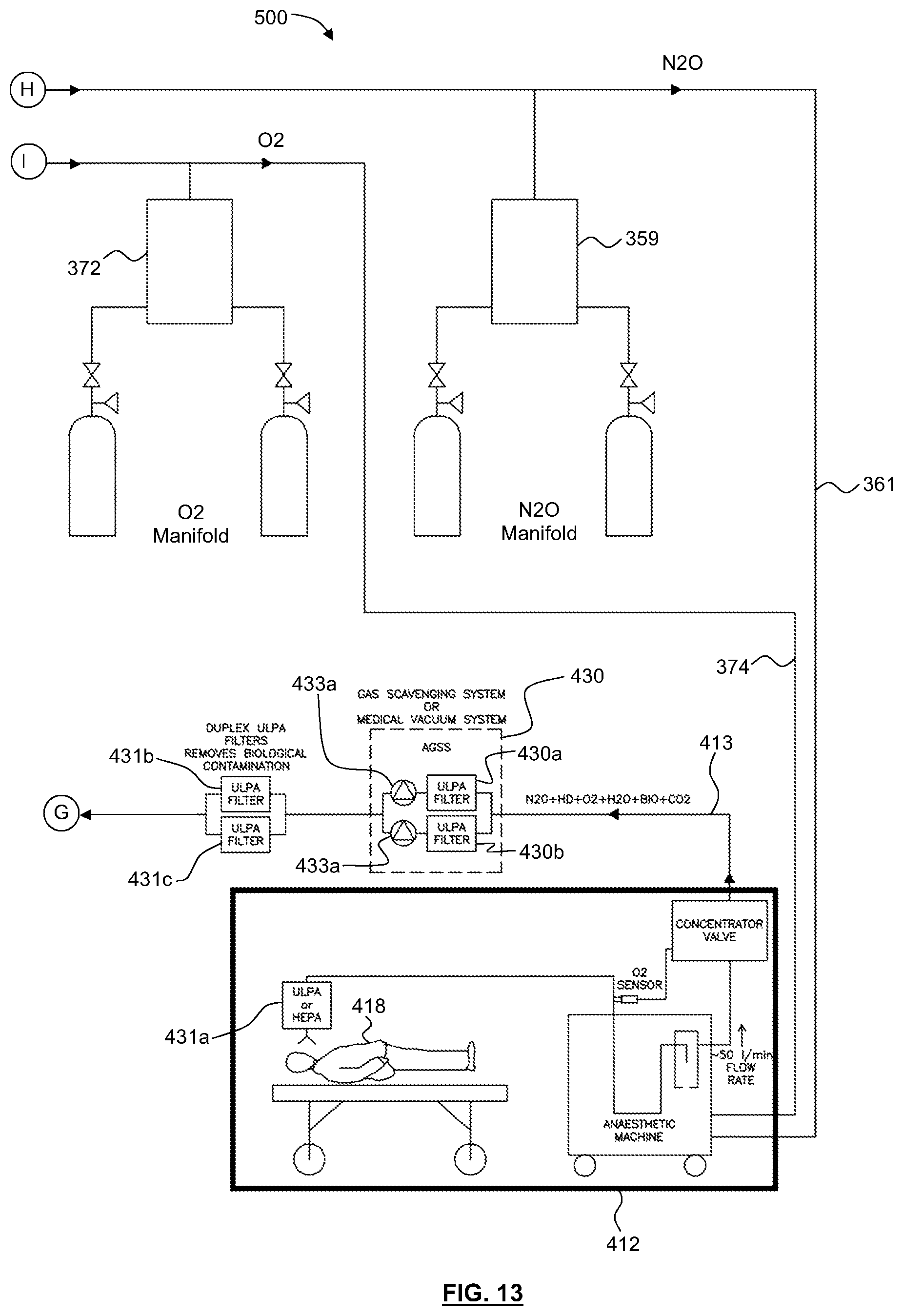 Patent US12403280 Figure 13 – Apparatus, systems and method for collecting and reclaiming anaesthetic agents and for removing nitrous oxide from exhaust gases