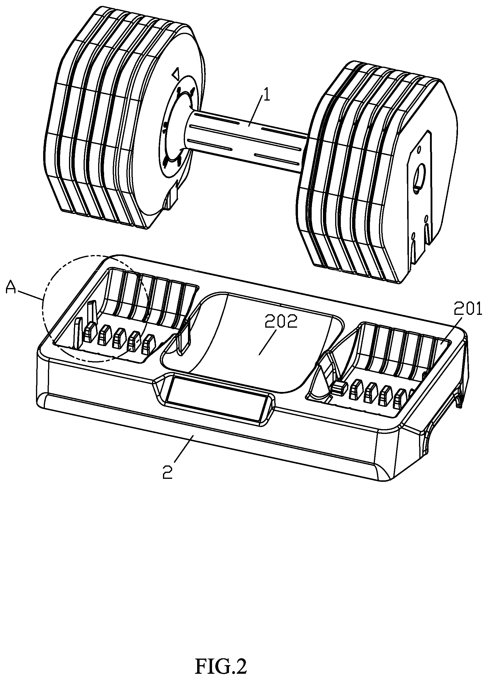 Patent US12403349 Figure 2 – Adjustable dumbbell