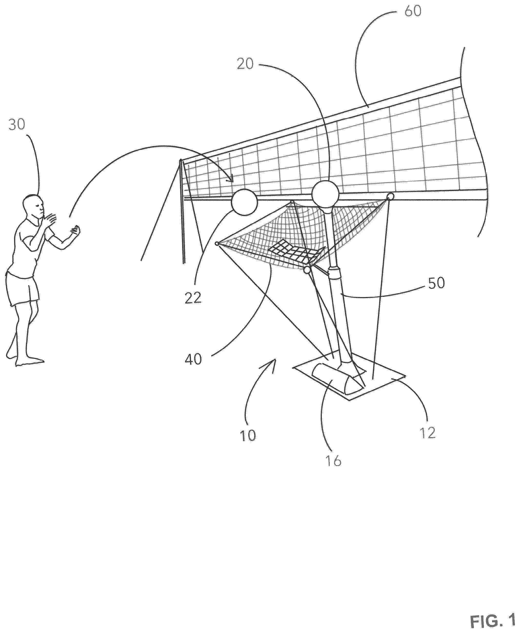 Patent US12403369 Figure 1 – Interactive volleyball launcher system