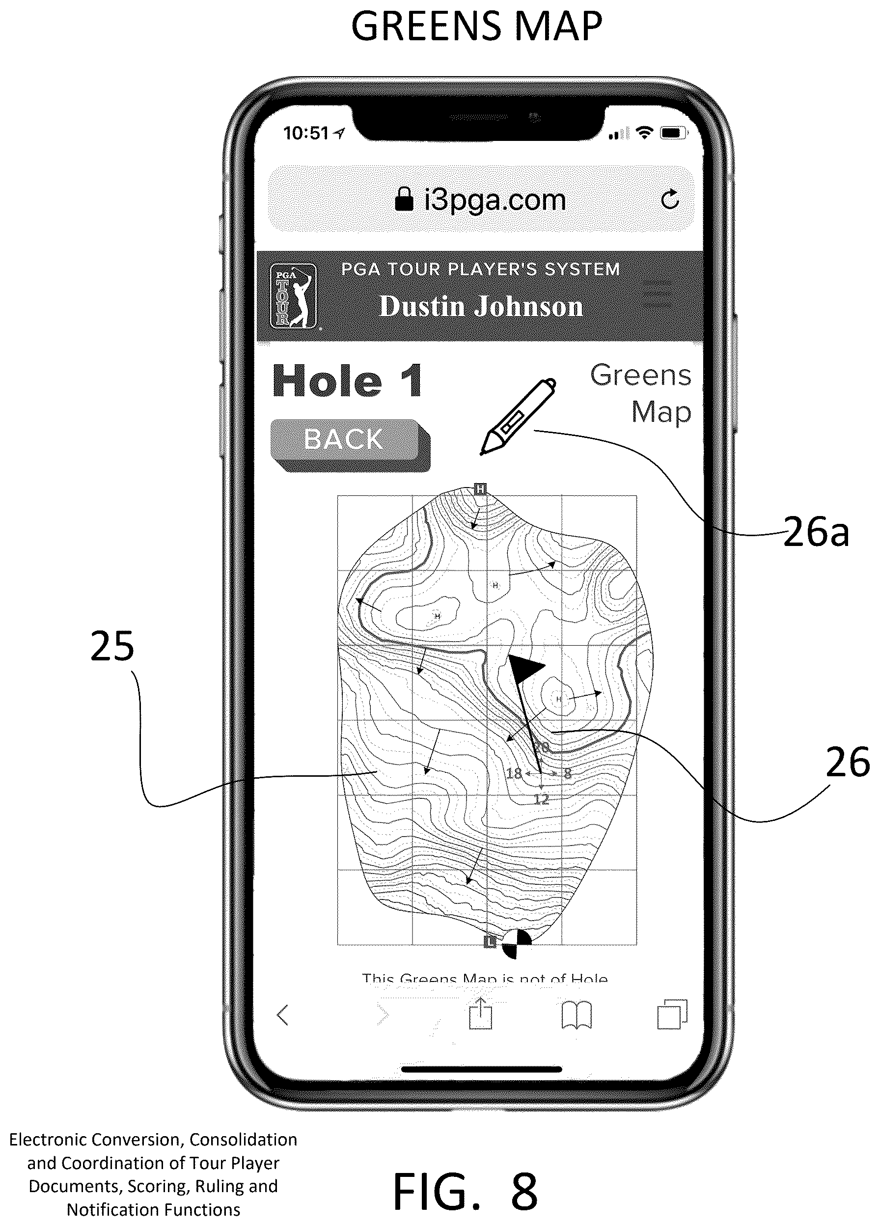 Patent US12403379 Figure 8 – Electronic conversion, consolidation and coordination of tour player documents, scoring, ruling and notification functions