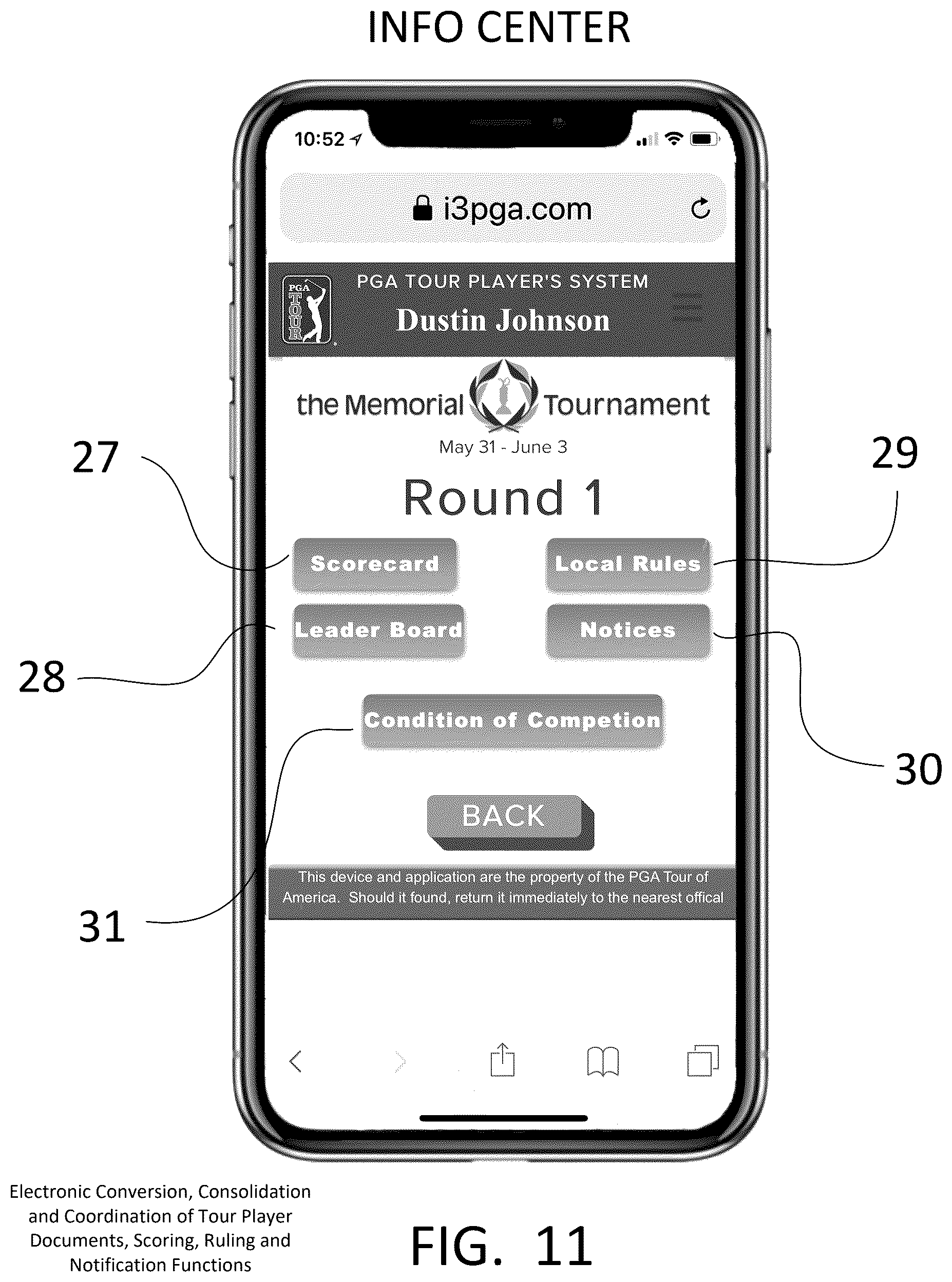 Patent US12403379 Figure 11 – Electronic conversion, consolidation and coordination of tour player documents, scoring, ruling and notification functions