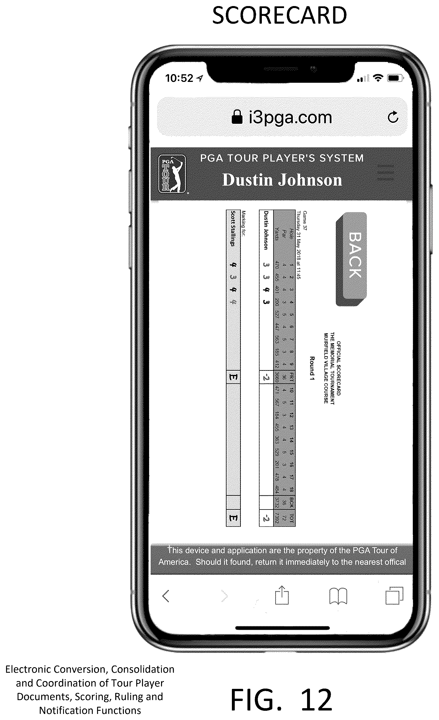 Patent US12403379 Figure 12 – Electronic conversion, consolidation and coordination of tour player documents, scoring, ruling and notification functions