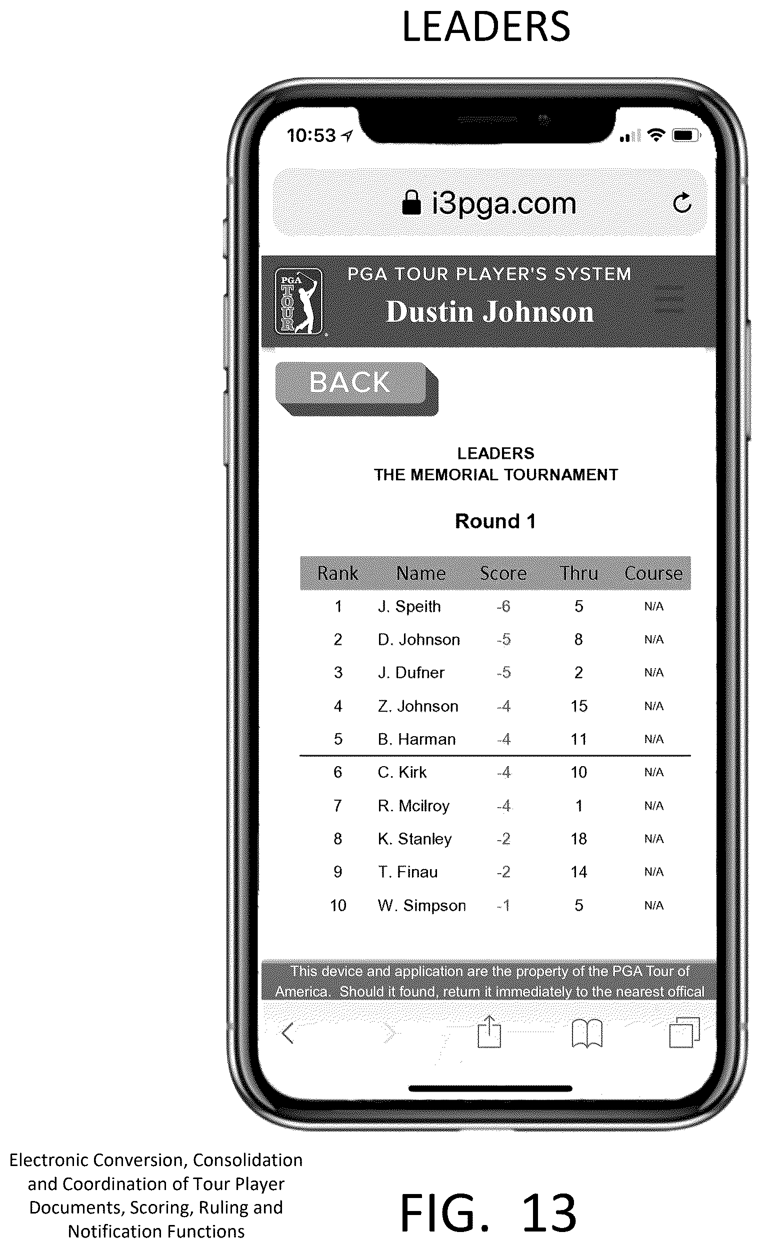 Patent US12403379 Figure 13 – Electronic conversion, consolidation and coordination of tour player documents, scoring, ruling and notification functions