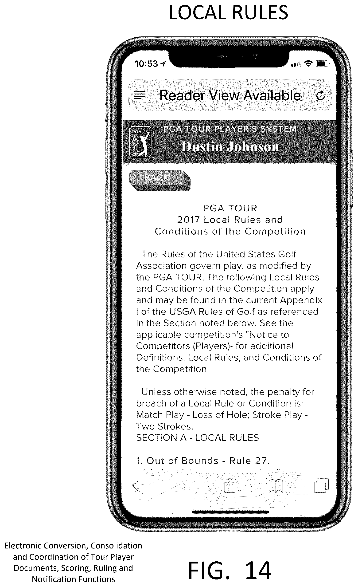 Patent US12403379 Figure 14 – Electronic conversion, consolidation and coordination of tour player documents, scoring, ruling and notification functions