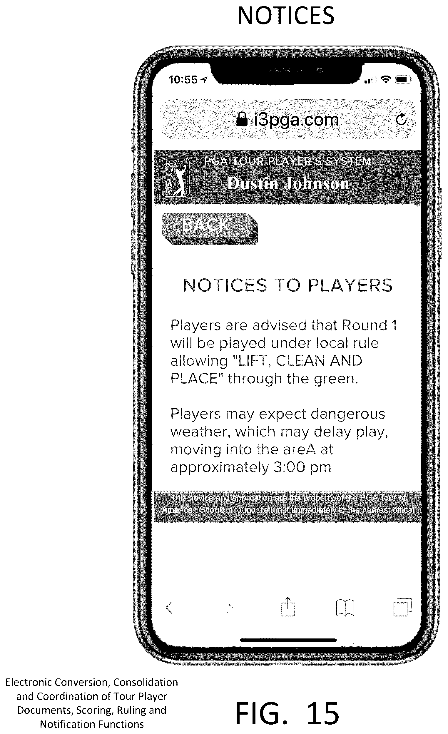 Patent US12403379 Figure 15 – Electronic conversion, consolidation and coordination of tour player documents, scoring, ruling and notification functions