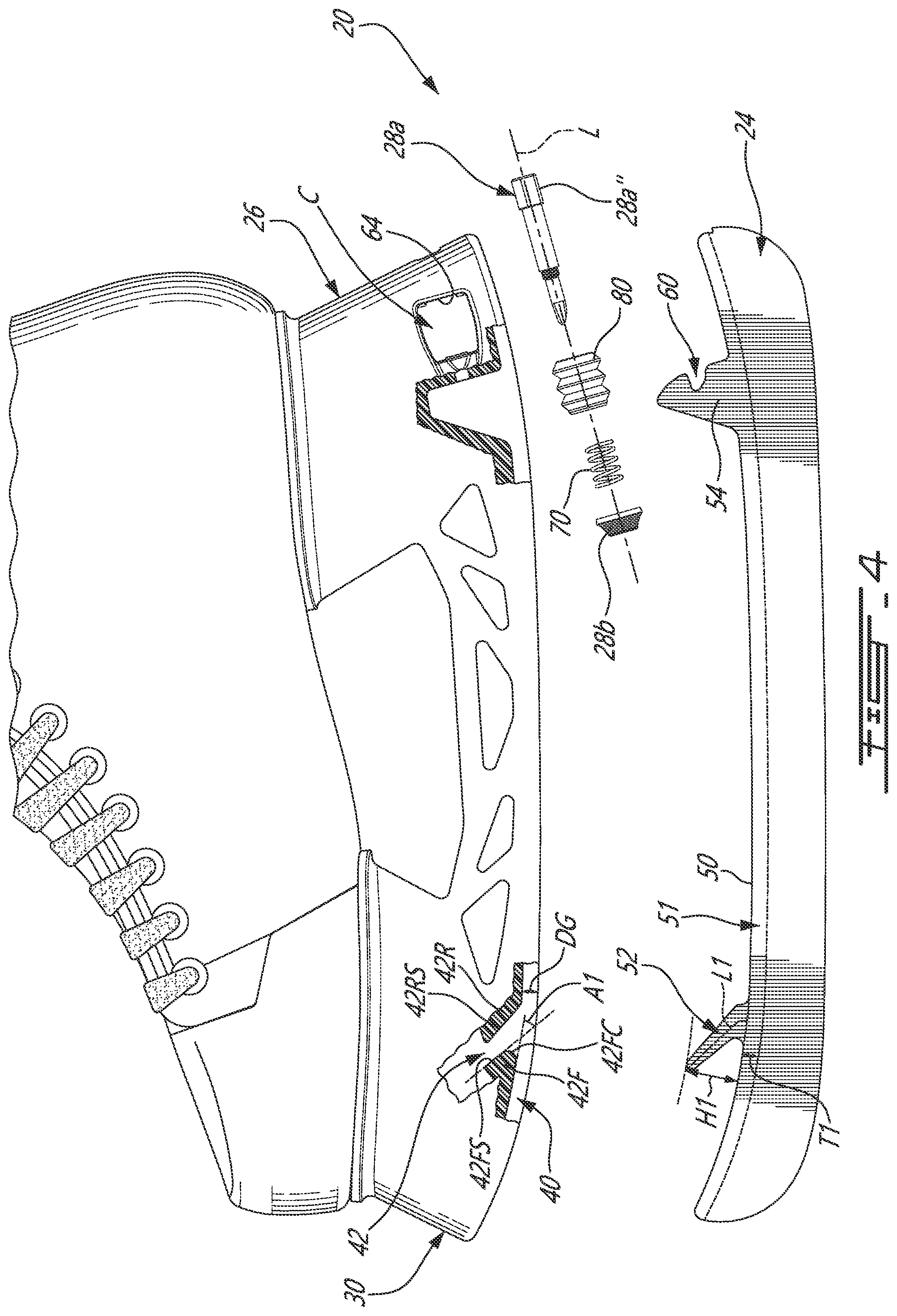 Patent US12403384 Figure 4 – Skate blade holder with blade attachment mechanism and blade therefor