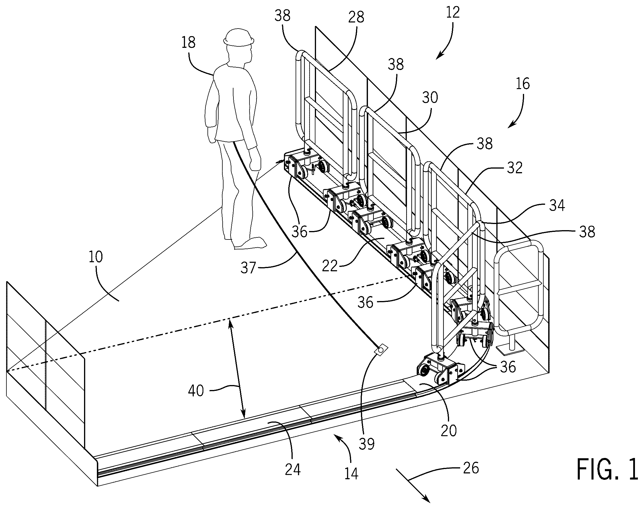 Patent US12403406 Figure 1 – Multi-segment movable railing assembly