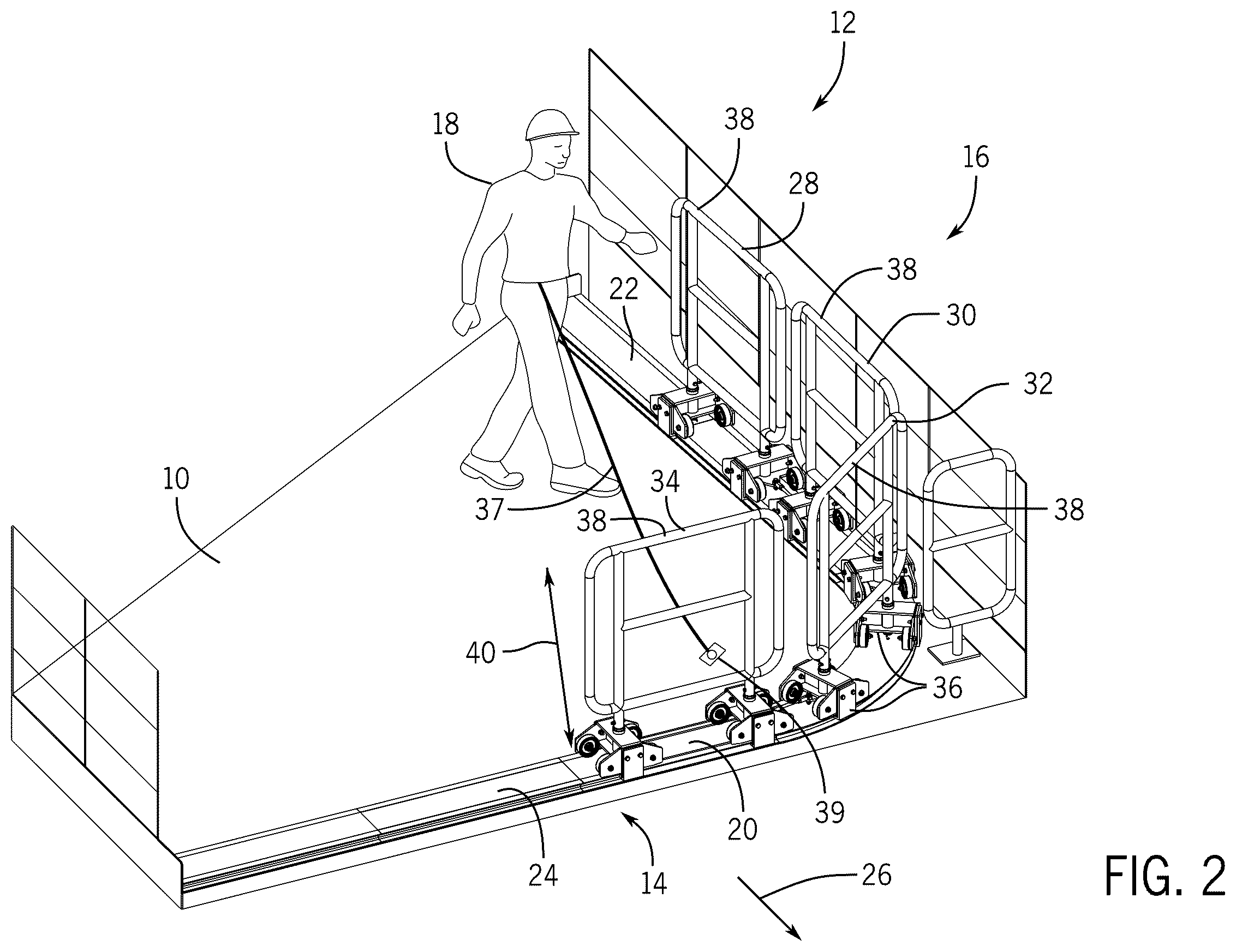 Patent US12403406 Figure 2 – Multi-segment movable railing assembly