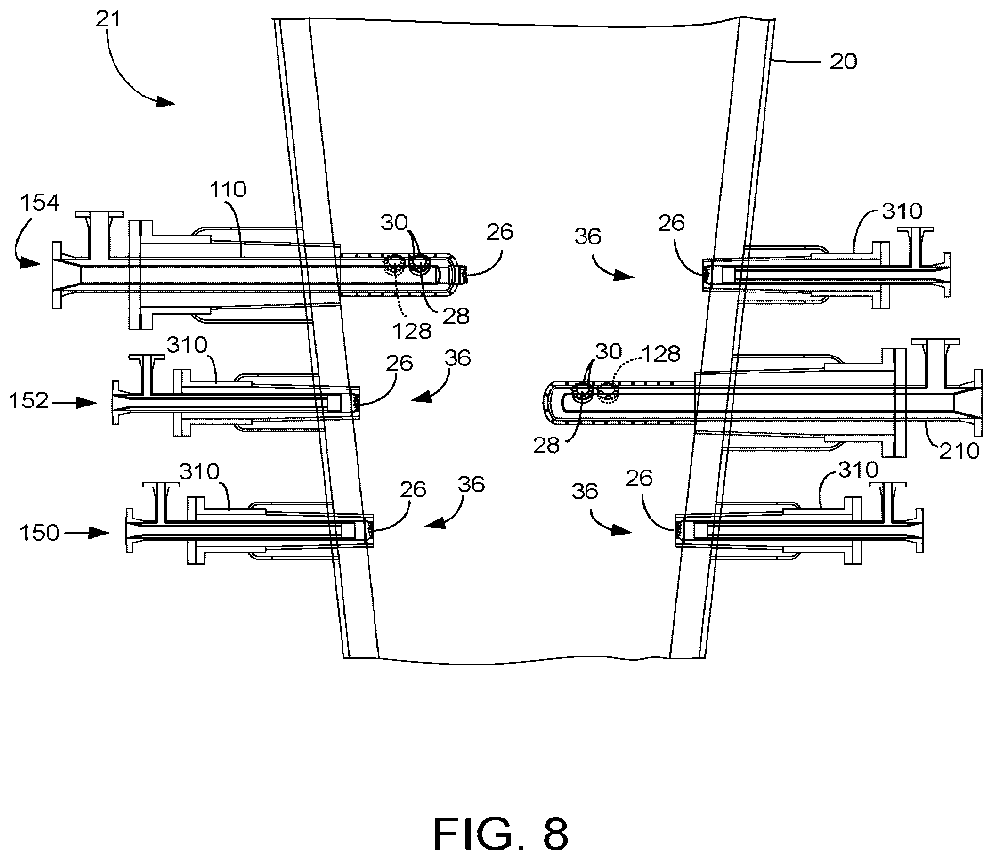 Patent US12403440 Figure 7 – Apparatus for distributing feed with a cluster of orifices on a side of the distributor