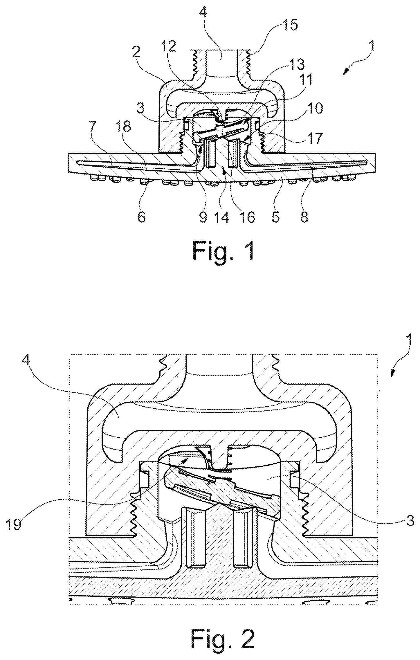 Patent US12403485 Figure 1 – Sanitary shower with a pulsation disc