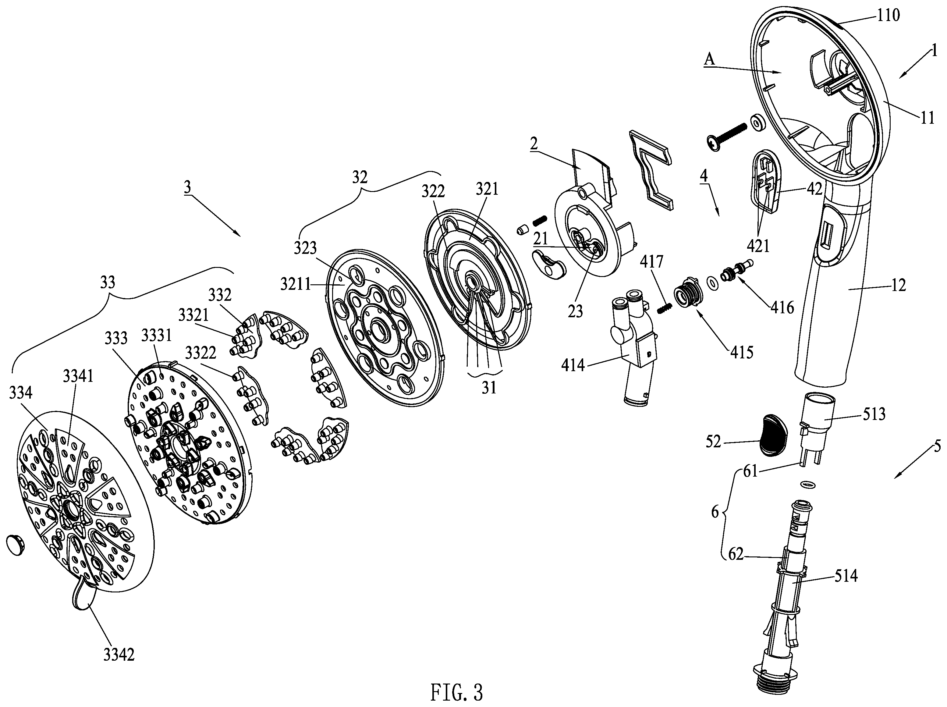 Patent US12403487 Figure 3 – Multifunctional handheld shower
