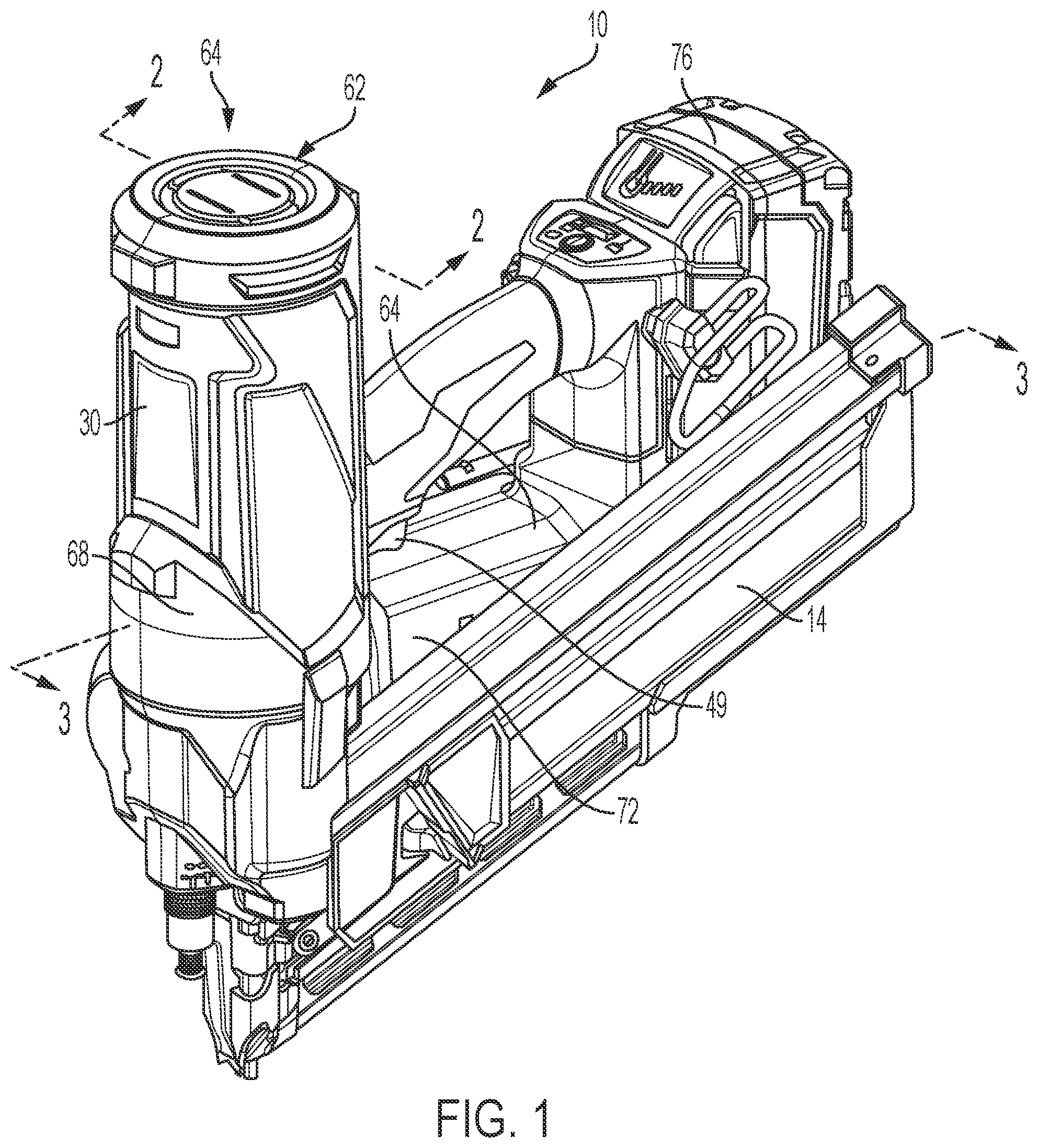 Patent US12403575 Figure 1 – Gas spring-powered fastener driver with pressure mechanism