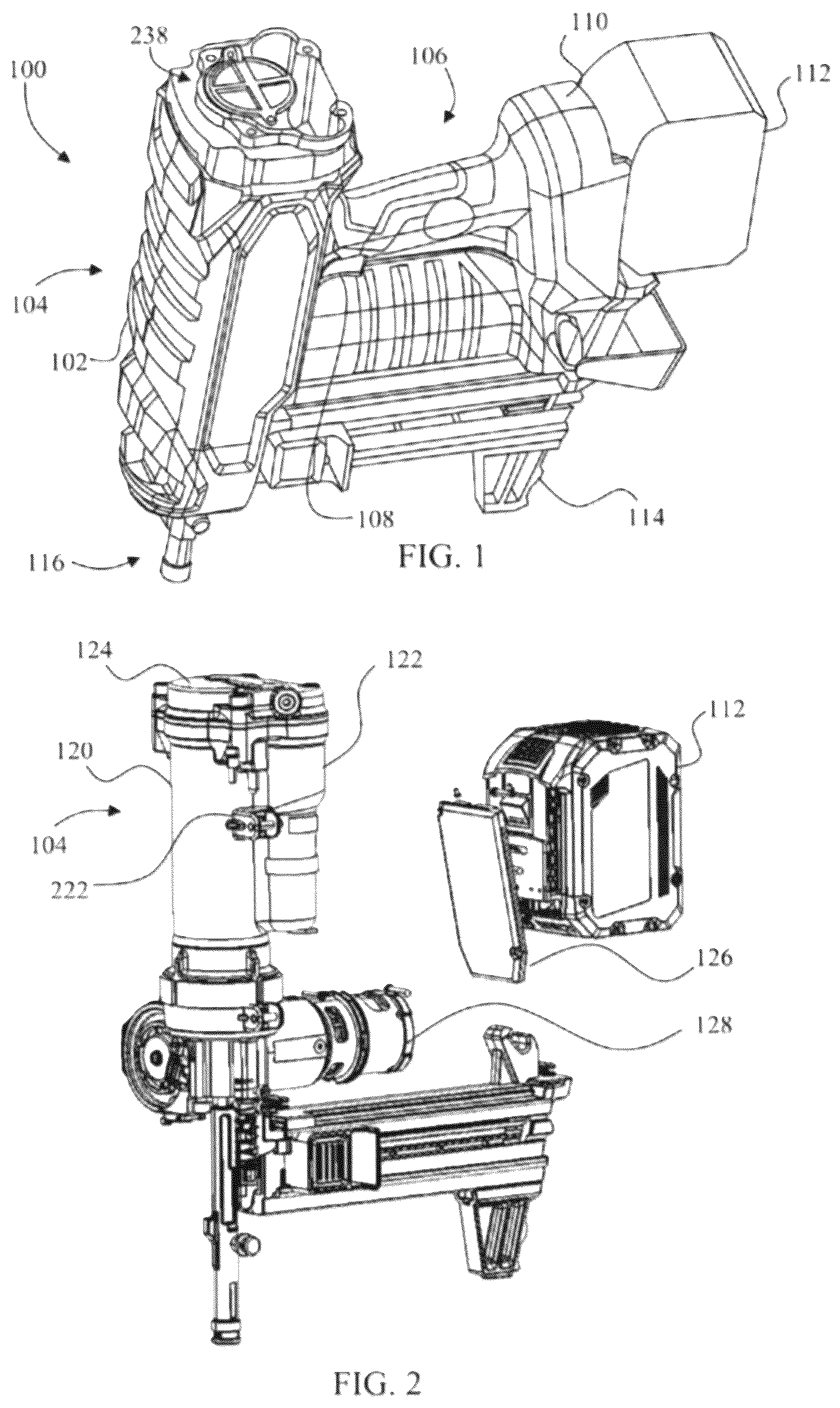 Patent US12403576 Figure 1 – Jam shock relief mechanism for gas spring fastening tool