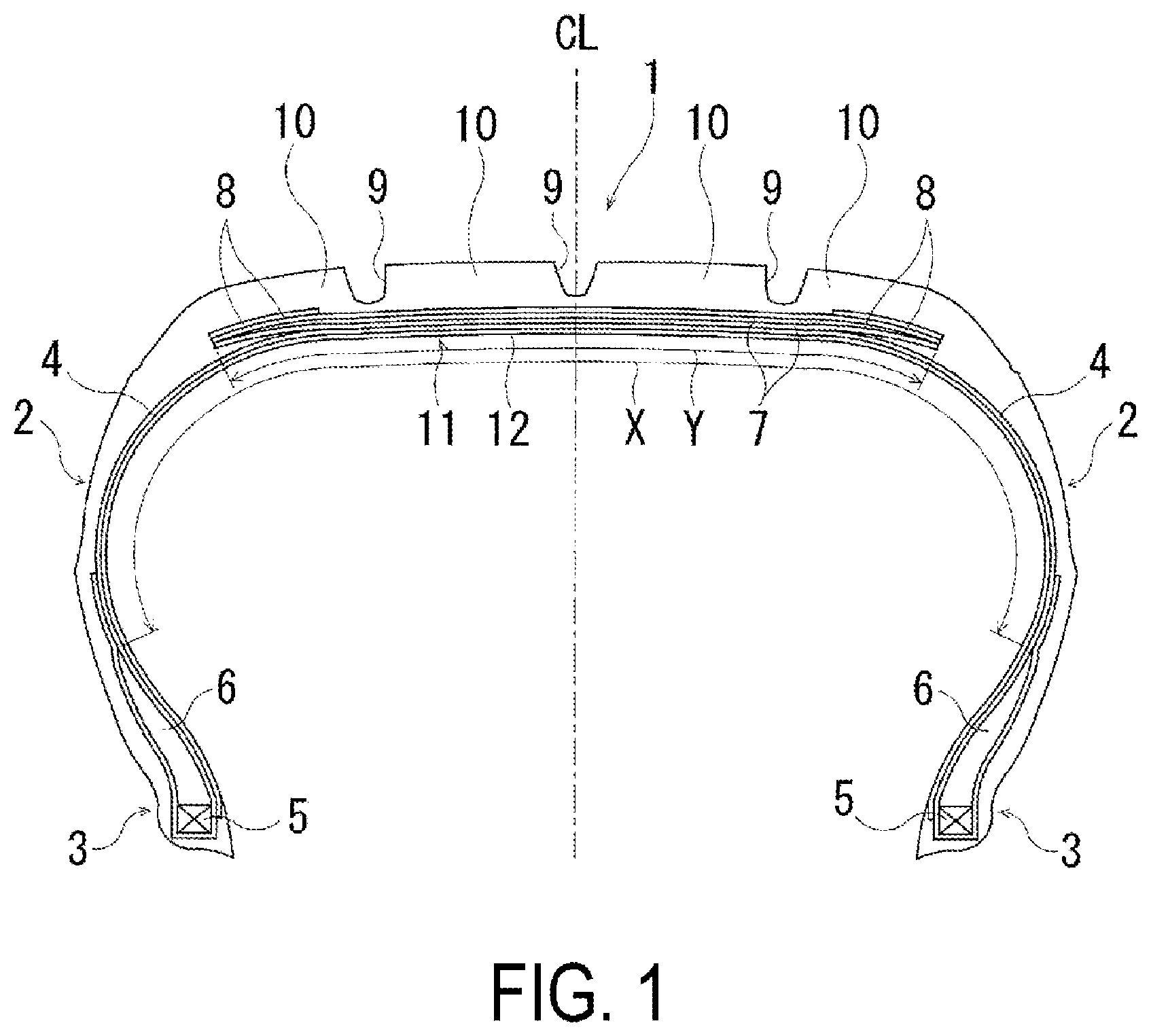 Patent US12403632 Figure 1 – Pneumatic tire and method of manufacturing the same