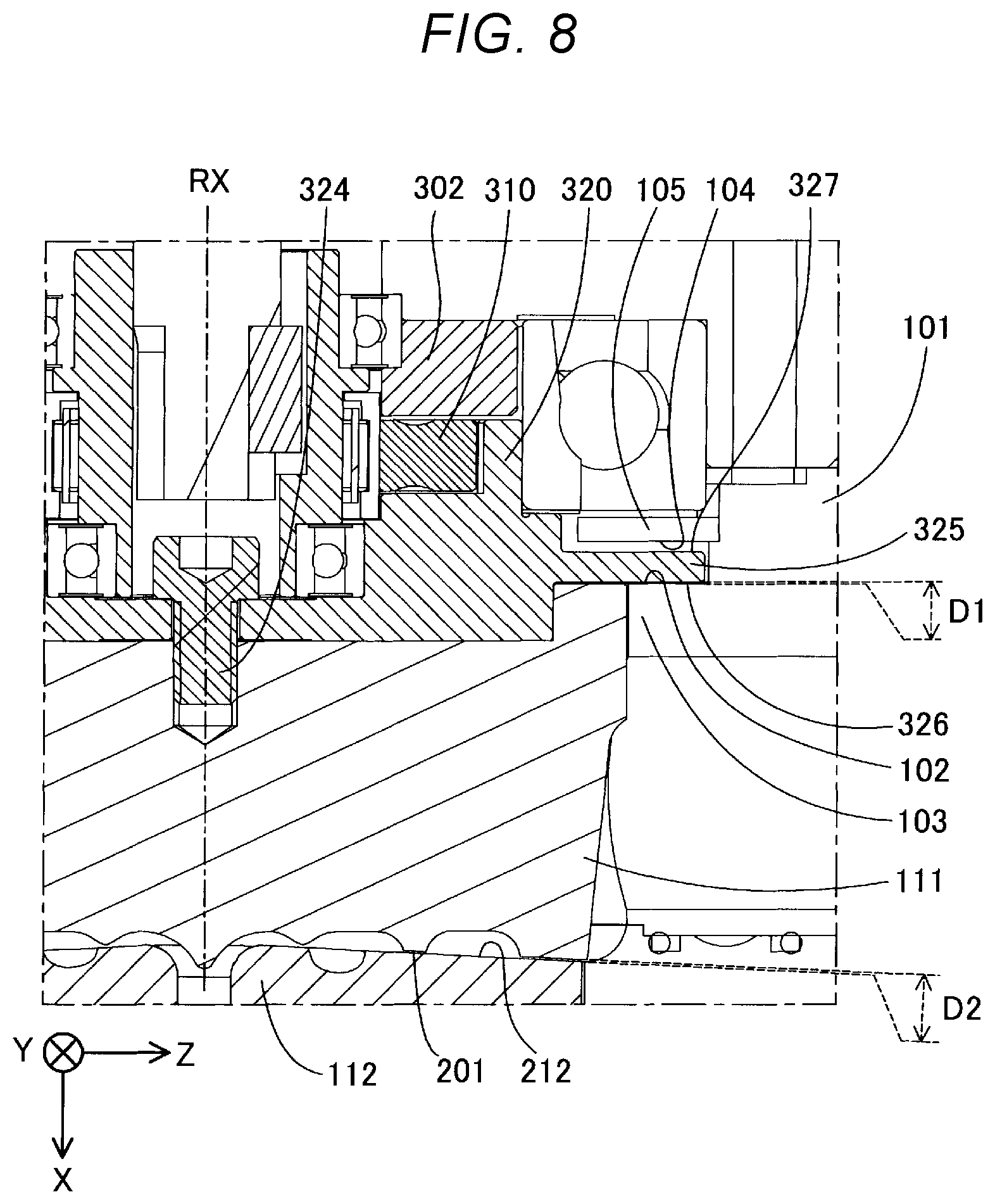 Patent US12403640 Figure 8 – Plasticizing device, injection molding device, and three-dimensional shaping device