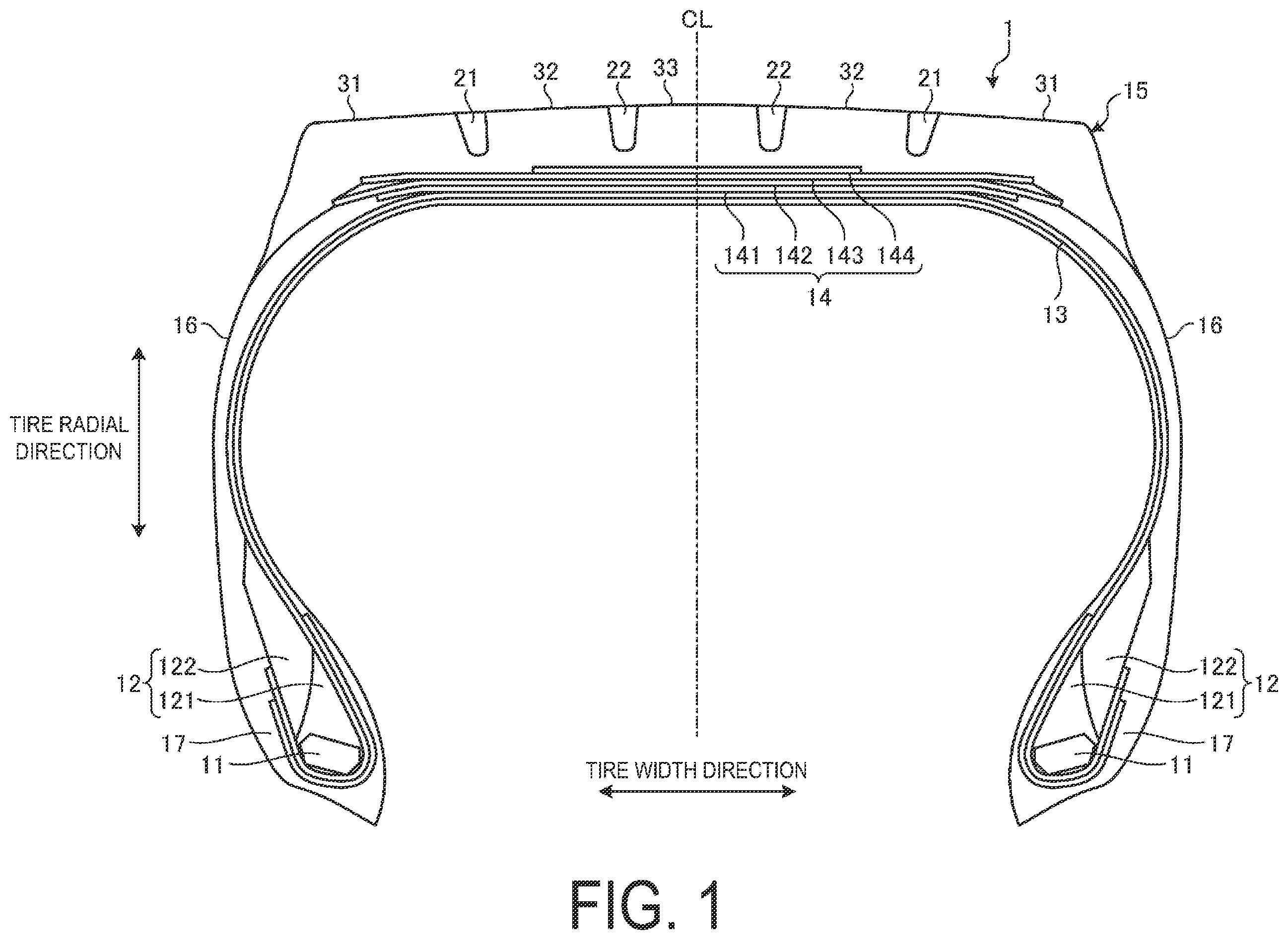 Patent US12403727 Figure 1 – Pneumatic tire
