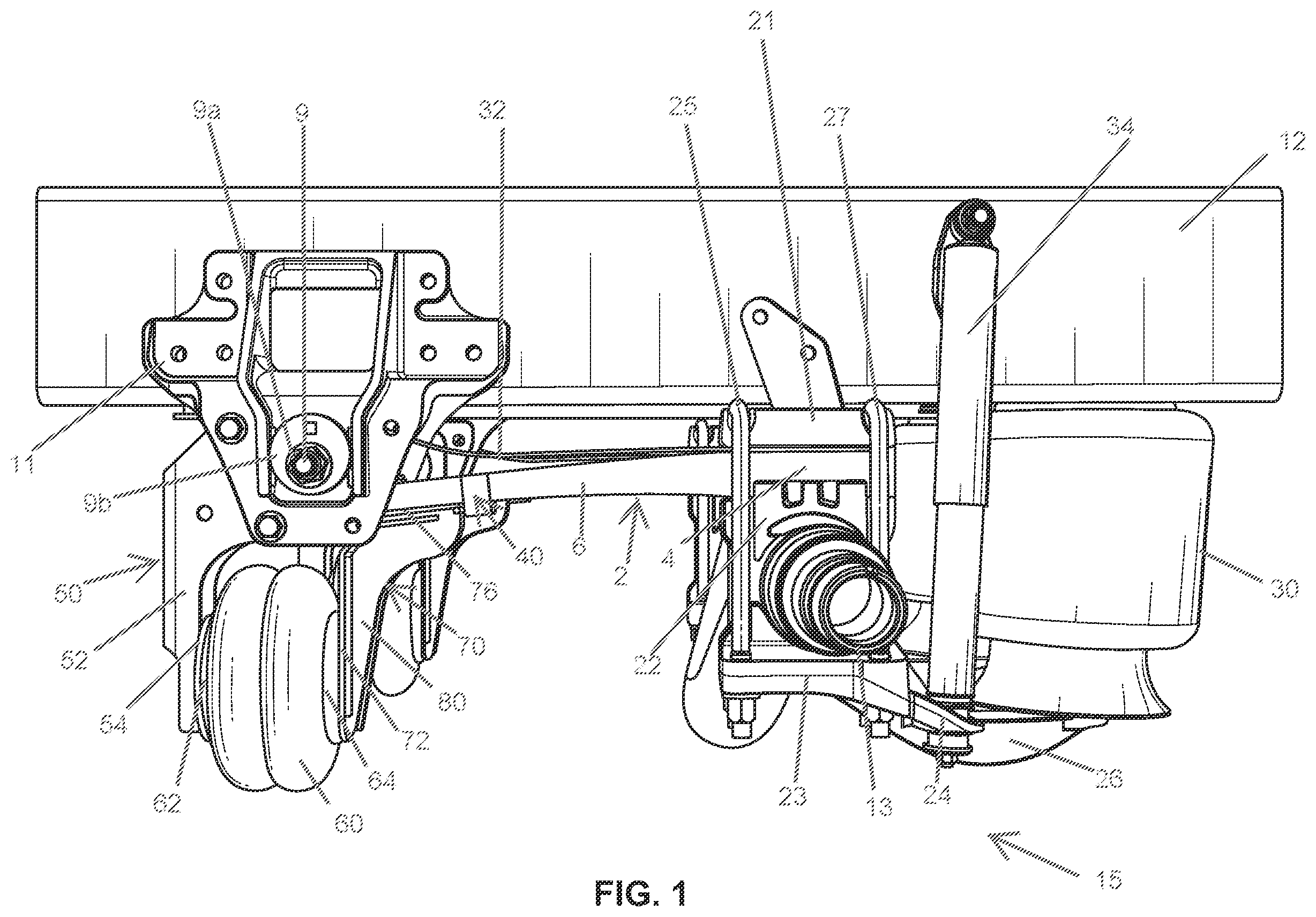 Patent US12403737 Figure 1 – Lift axle suspension systems with lift paddle