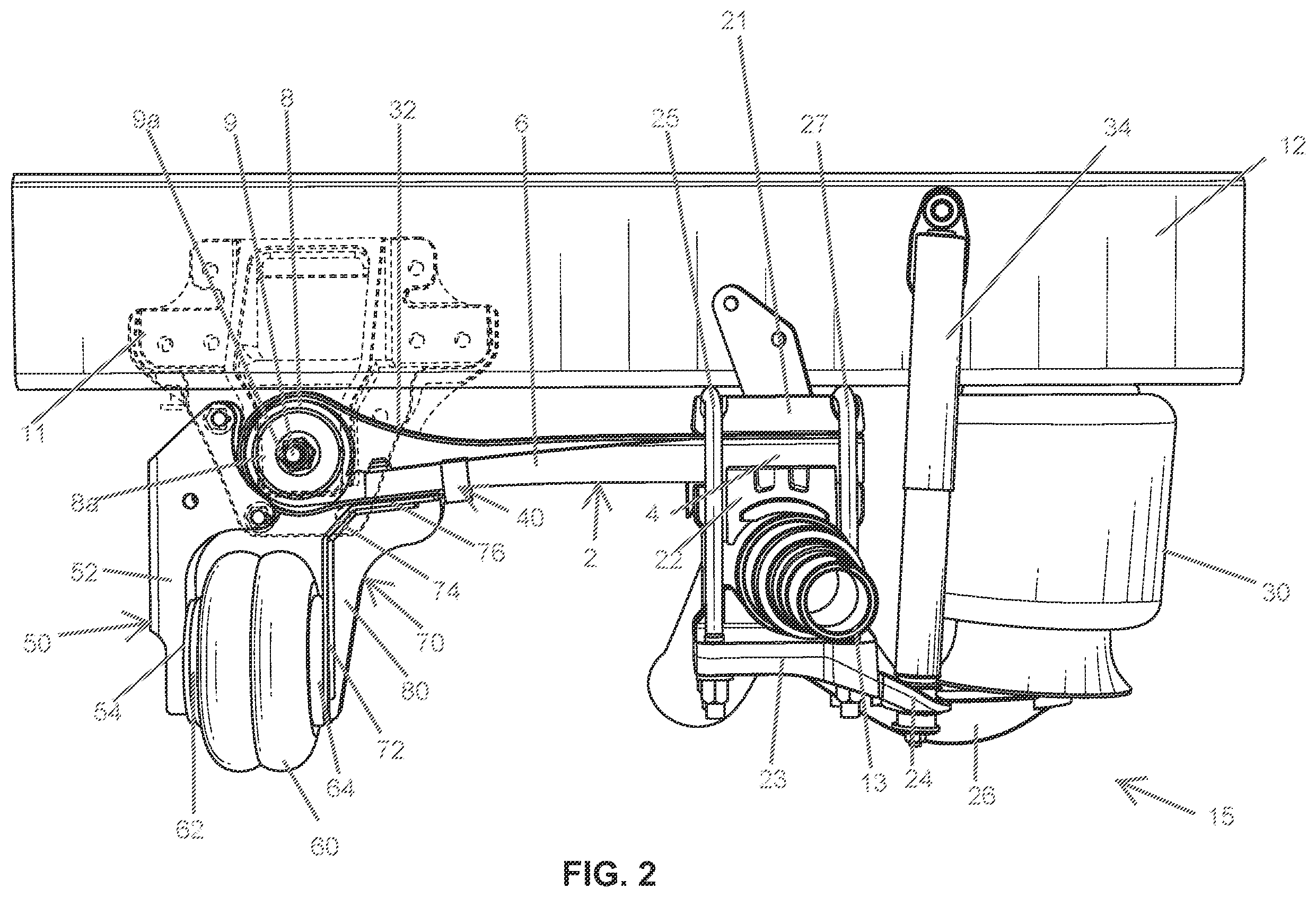 Patent US12403737 Figure 2 – Lift axle suspension systems with lift paddle
