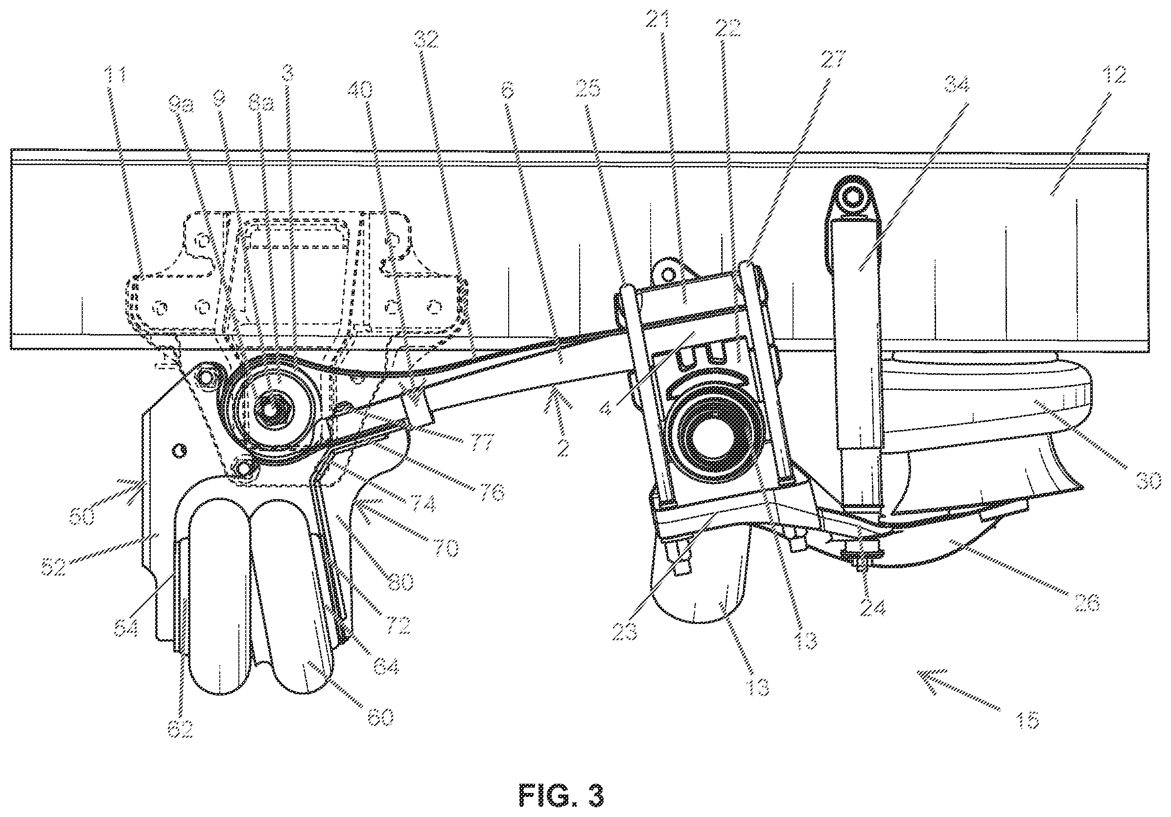 Patent US12403737 Figure 3 – Lift axle suspension systems with lift paddle