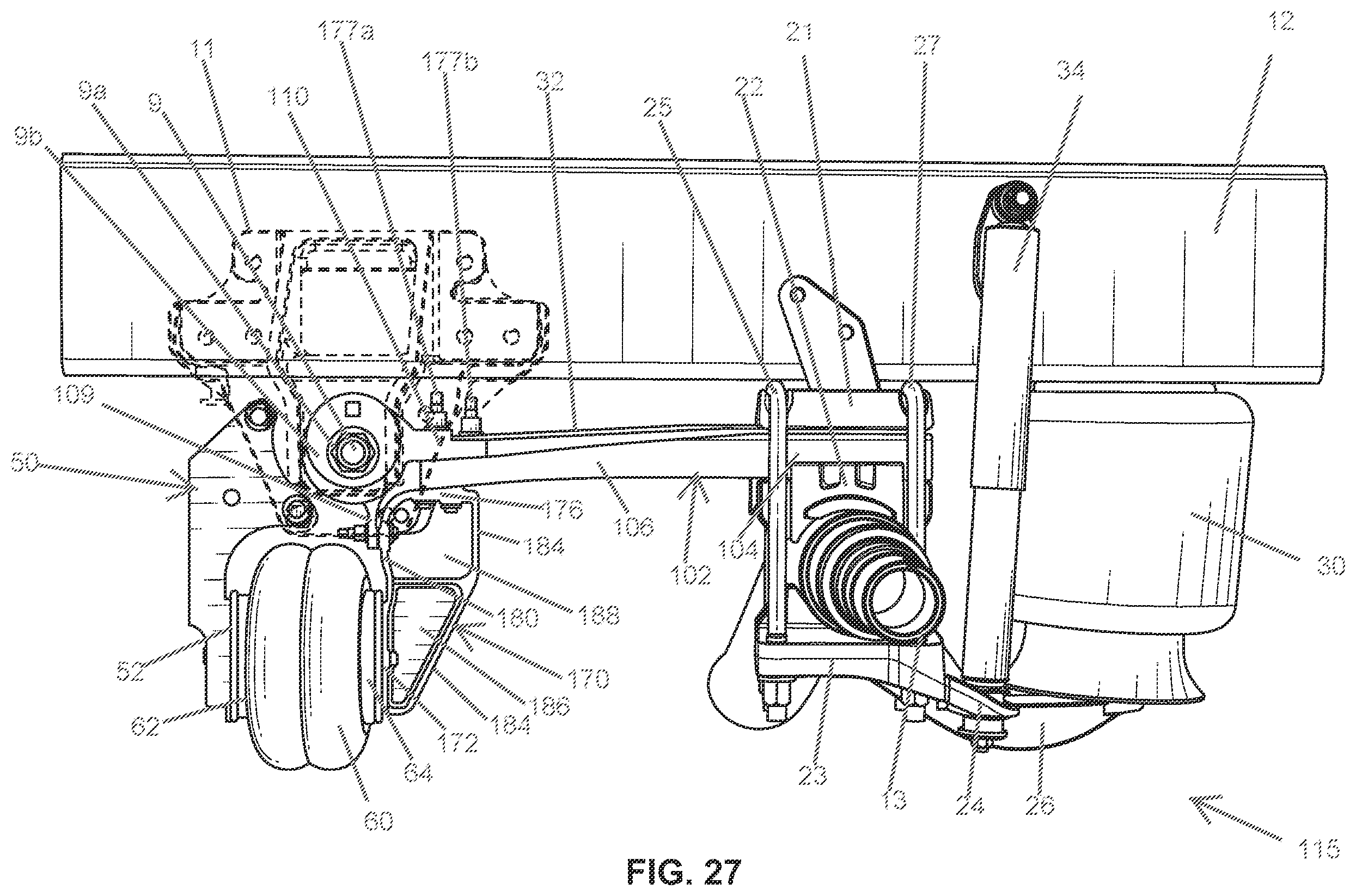 Patent US12403737 Figure 12 – Lift axle suspension systems with lift paddle