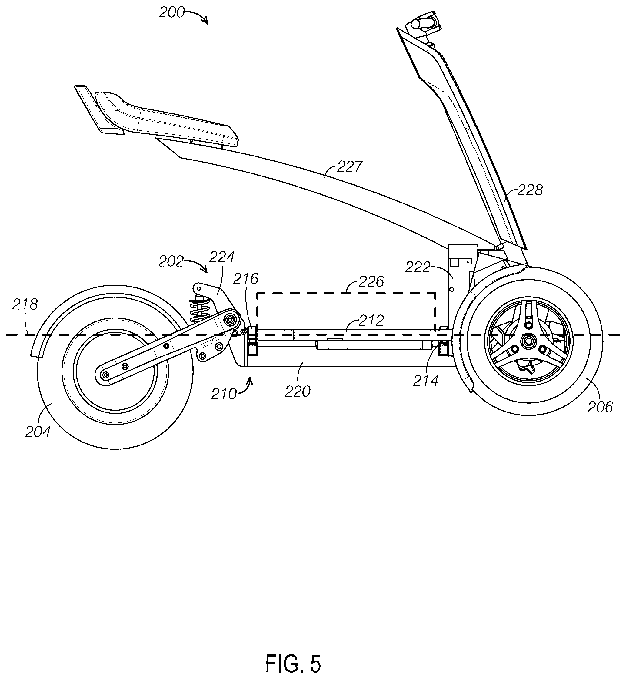 Patent US12403744 Figure 5 – Tiltable chassis for a three-wheeled vehicle