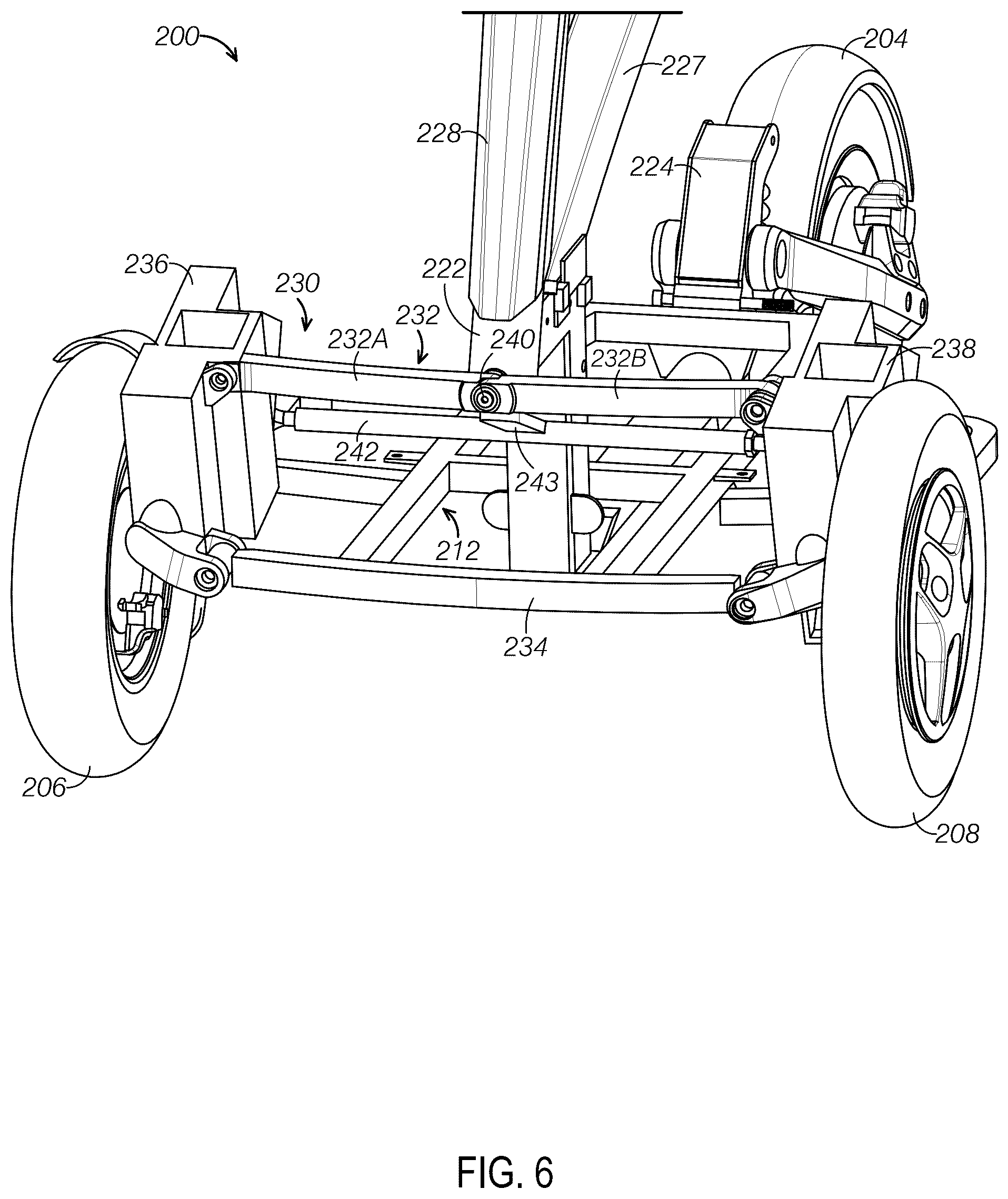 Patent US12403744 Figure 6 – Tiltable chassis for a three-wheeled vehicle