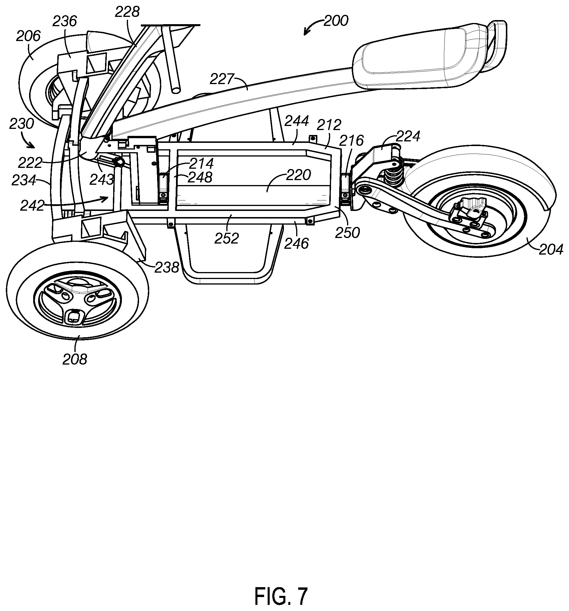 Patent US12403744 Figure 7 – Tiltable chassis for a three-wheeled vehicle