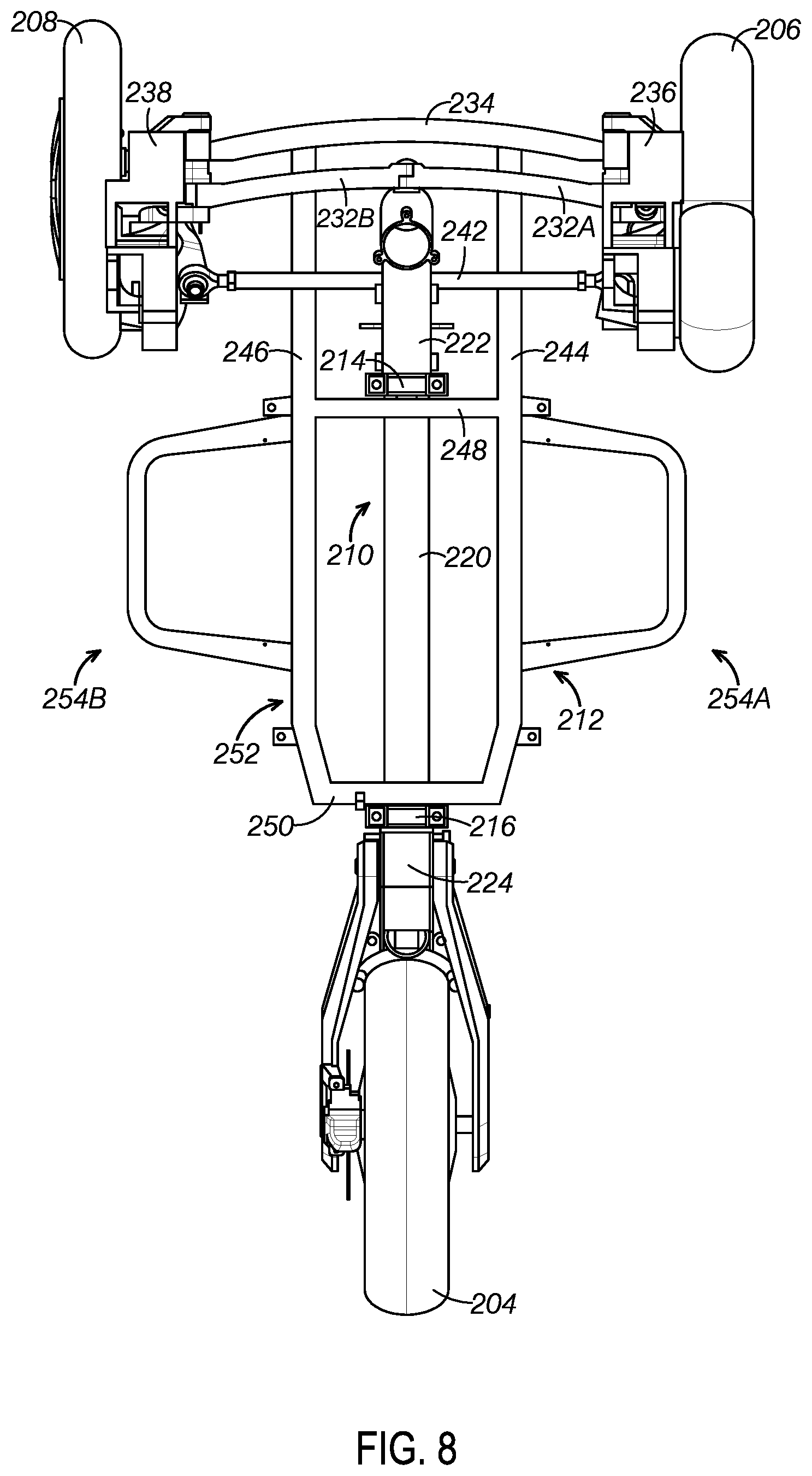 Patent US12403744 Figure 8 – Tiltable chassis for a three-wheeled vehicle