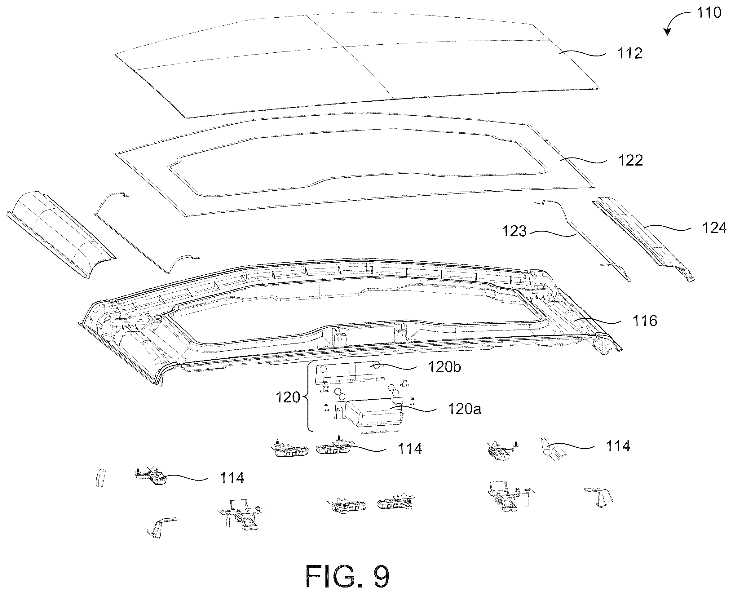 Patent US12403750 Figure 7 – Glass roof panel assembly for vehicle roof