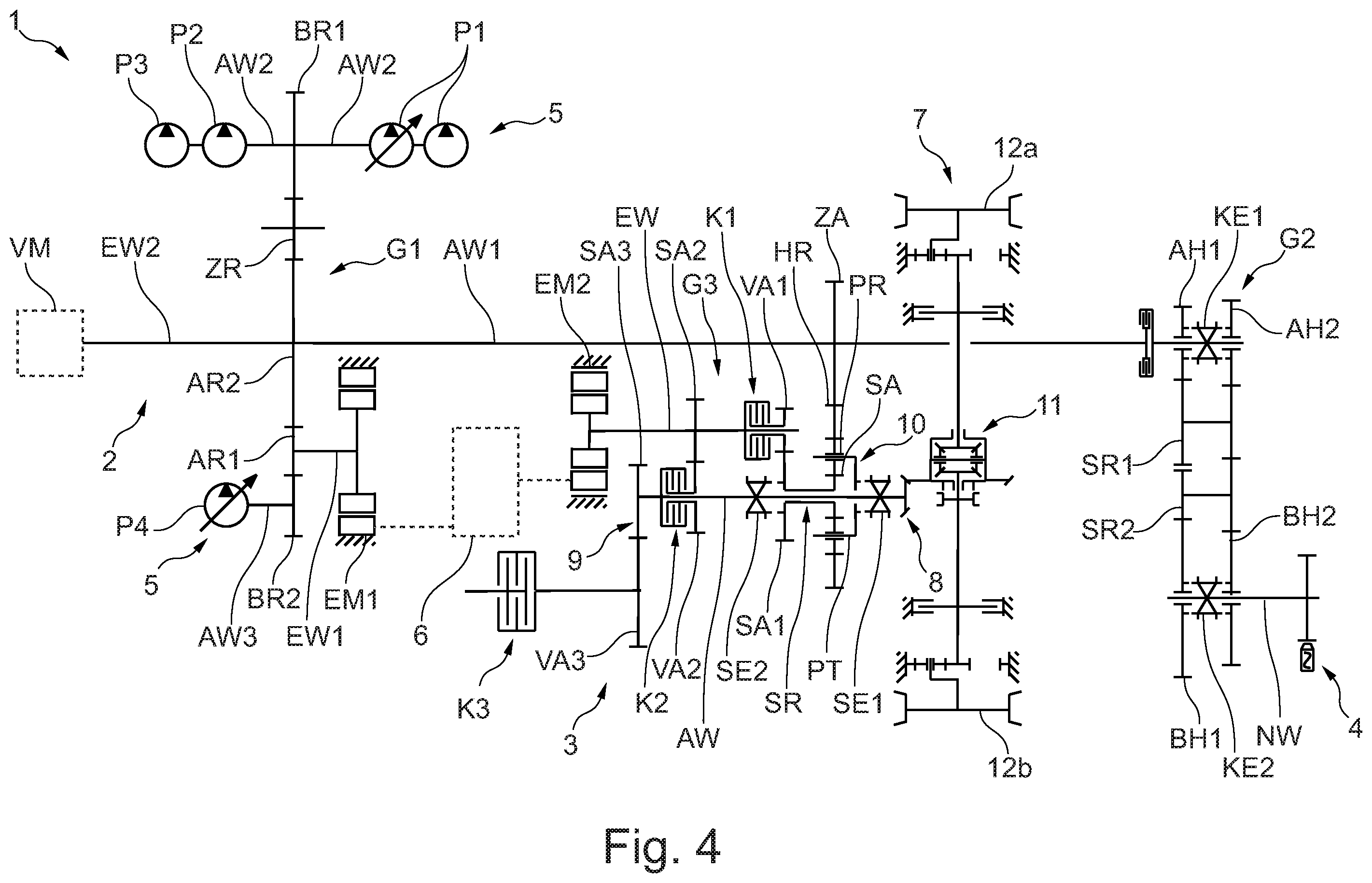 Patent US12403759 Figure 4 – Drive arrangement for a tractor