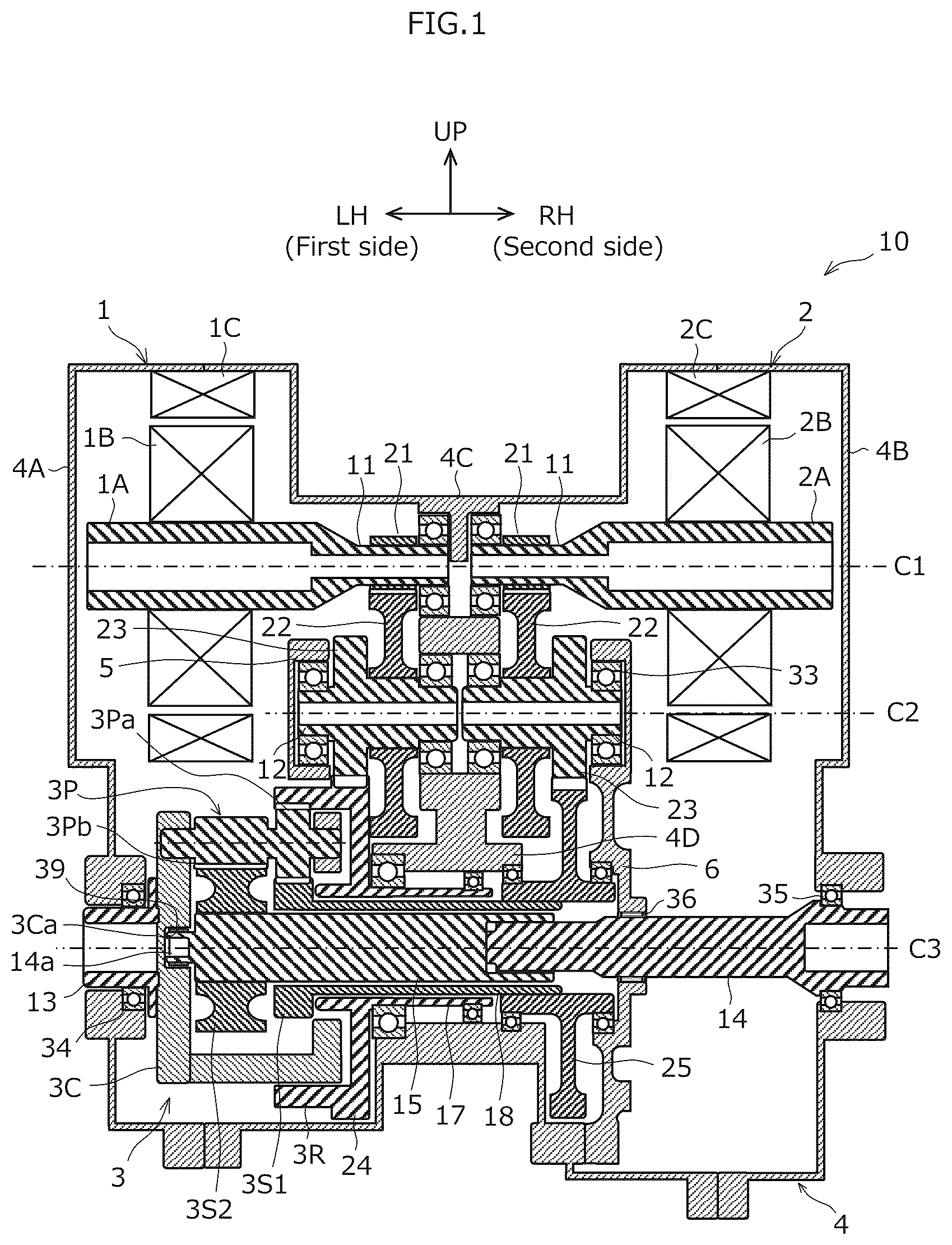Patent US12403761 Figure 1 – Left-right wheel drive device
