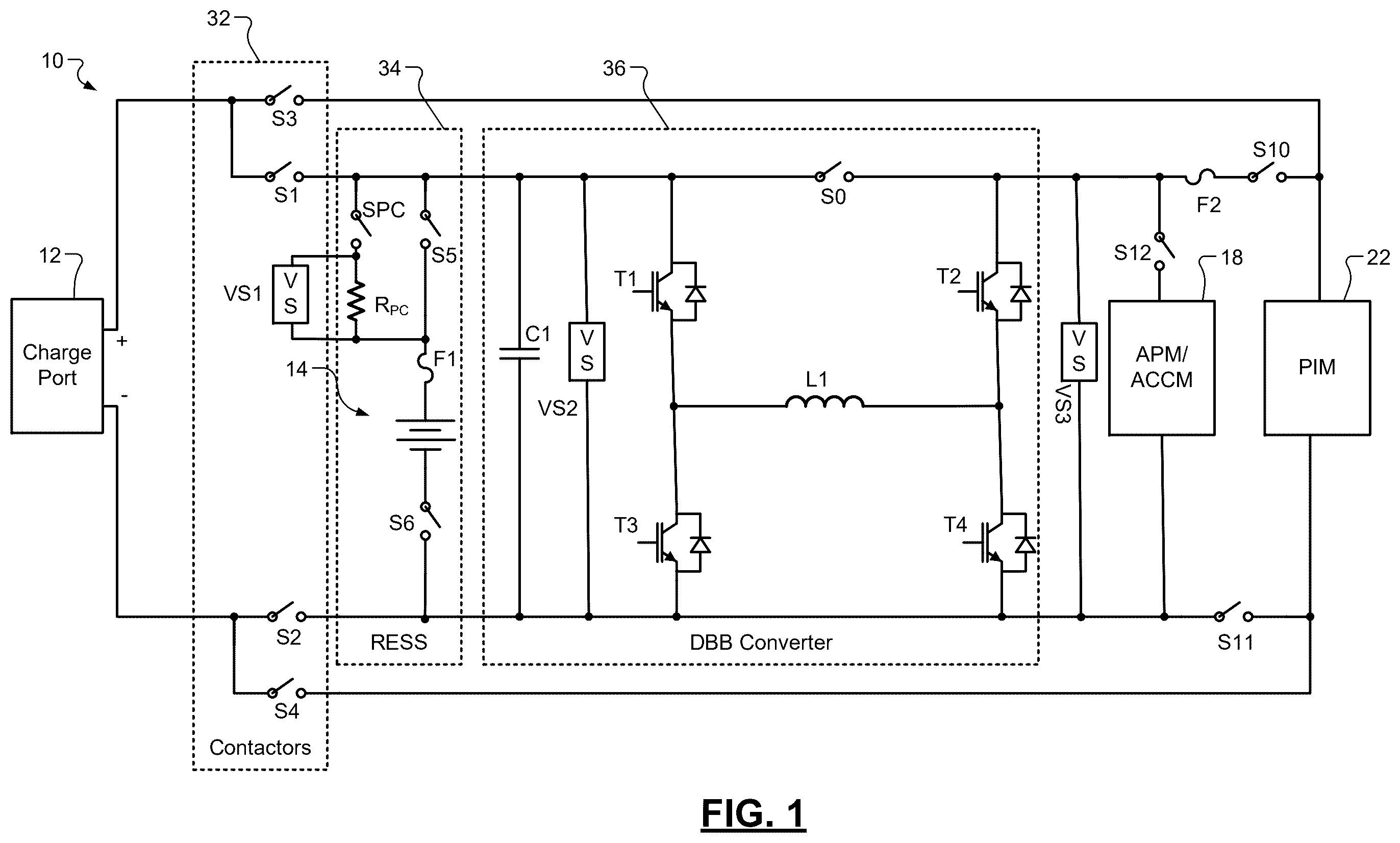 Patent US12403777 Figure 1 – Power control system for DC-DC converter and inverter pre-charging and shutdown