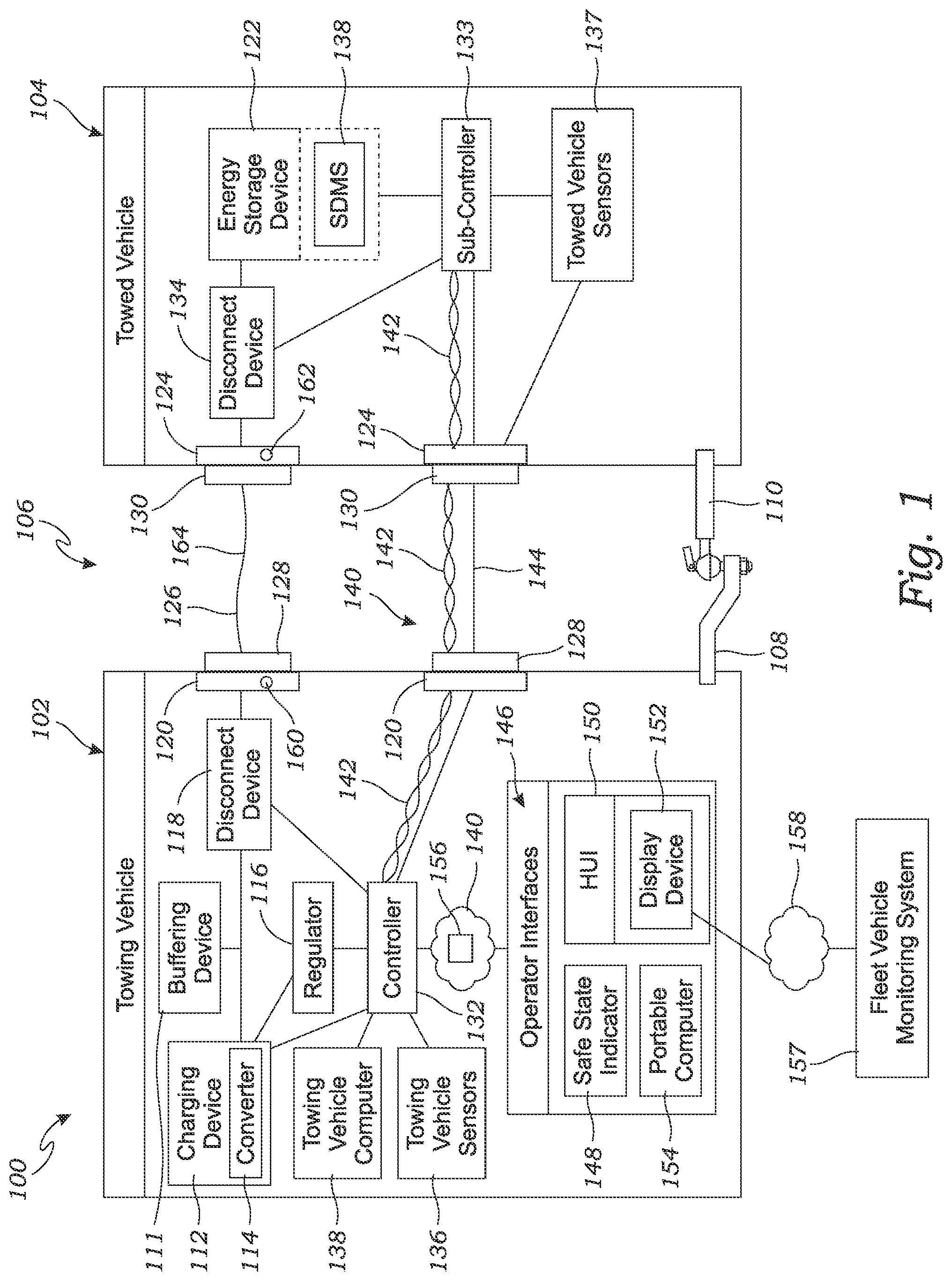 Patent US12403782 Figure 1 – Power charging system and control system for towing vehicle and towed vehicle connectable to towing vehicle