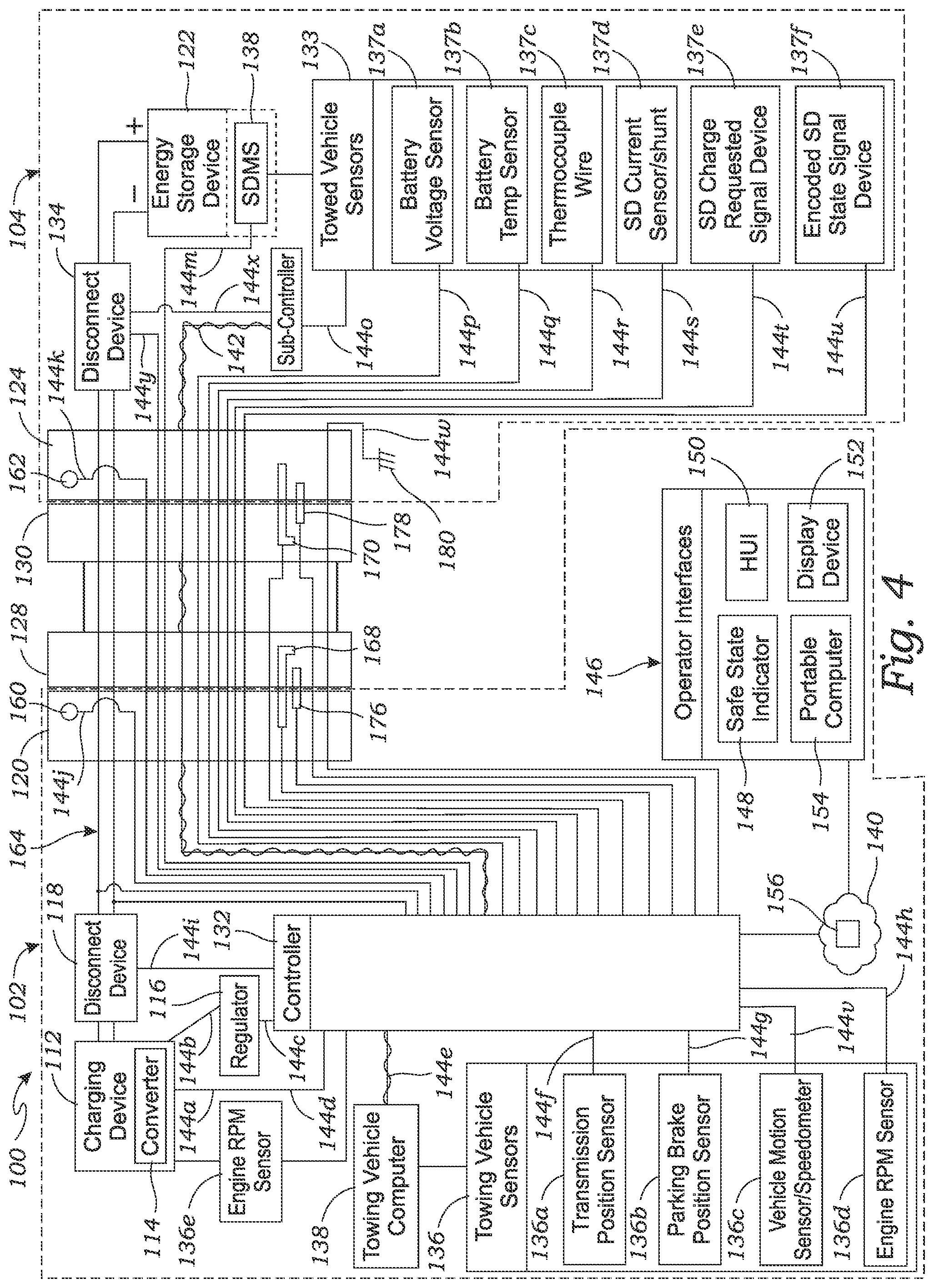 Patent US12403782 Figure 4 – Power charging system and control system for towing vehicle and towed vehicle connectable to towing vehicle