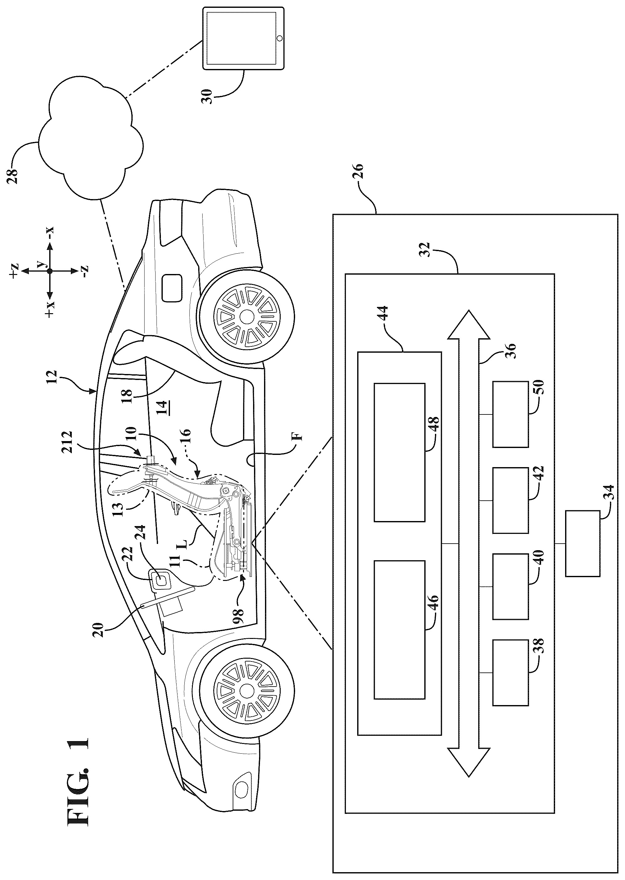Patent US12403803 — Seat assemblies having fixed frames and movable seat cushions and movable seat backs with vertical dampers and clamps coupling the vertical dampers to the fixed frames — Figure 1