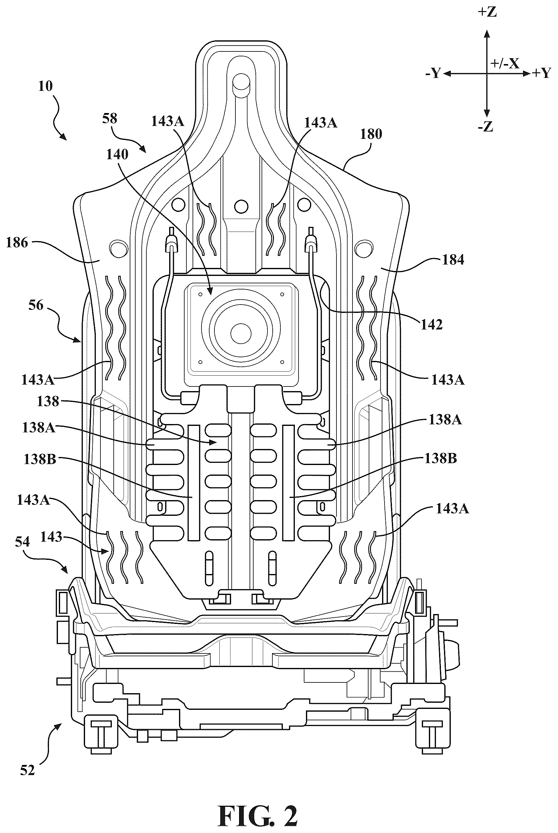 Patent US12403803 Figure 2 – Seat assemblies having fixed frames and movable seat cushions and movable seat backs with vertical dampers and clamps coupling the vertical dampers to the fixed frames