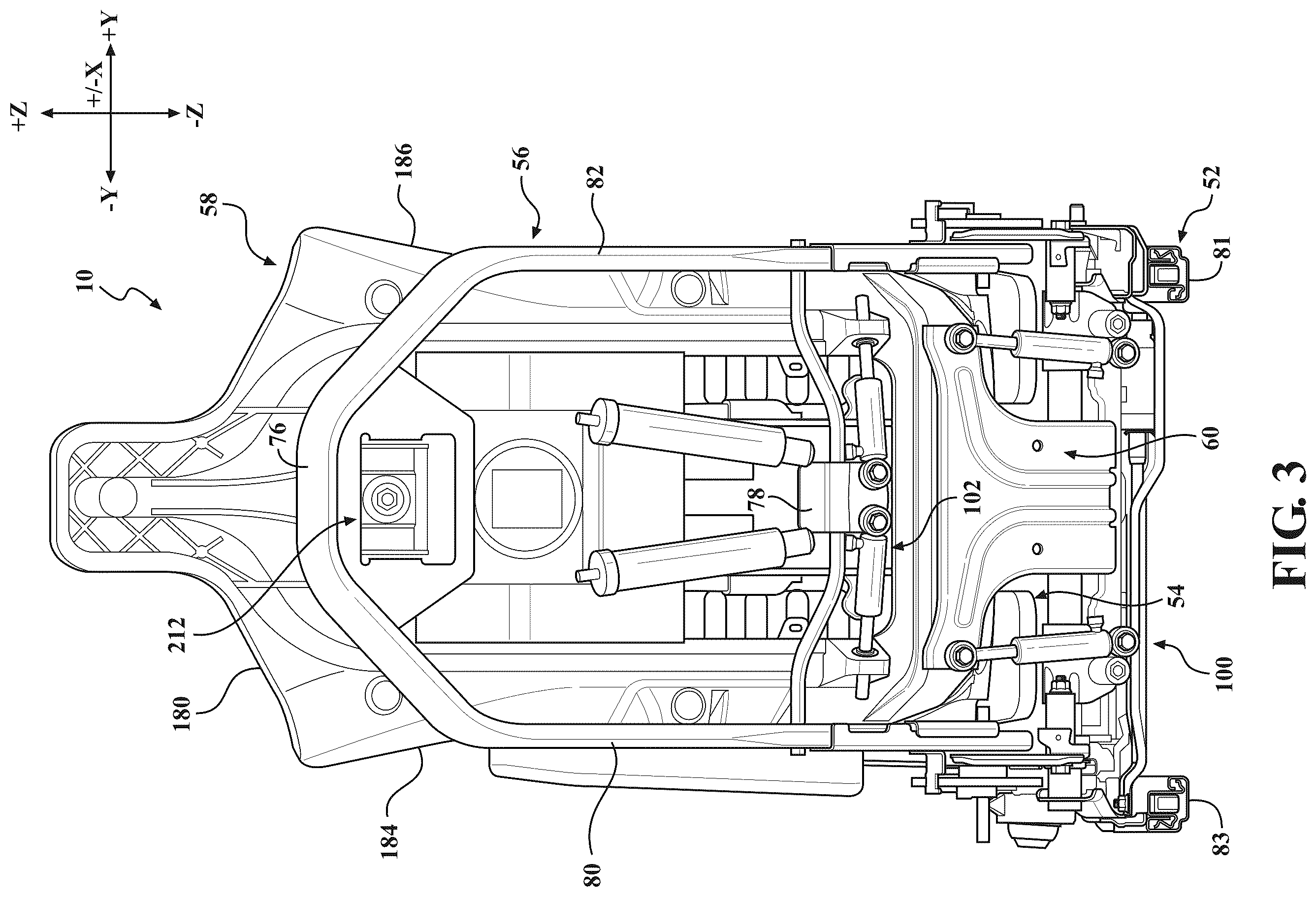 Patent US12403803 Figure 3 – Seat assemblies having fixed frames and movable seat cushions and movable seat backs with vertical dampers and clamps coupling the vertical dampers to the fixed frames