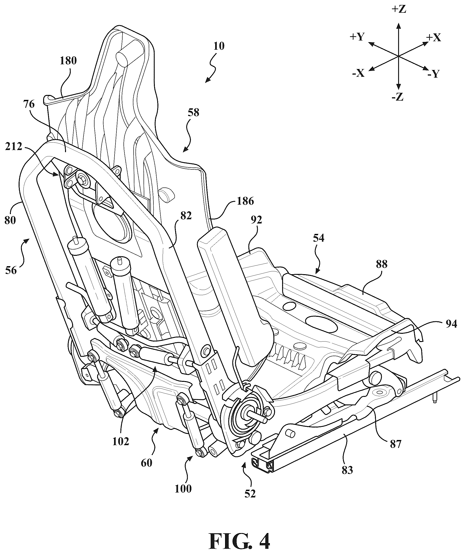 Patent US12403803 Figure 4 – Seat assemblies having fixed frames and movable seat cushions and movable seat backs with vertical dampers and clamps coupling the vertical dampers to the fixed frames