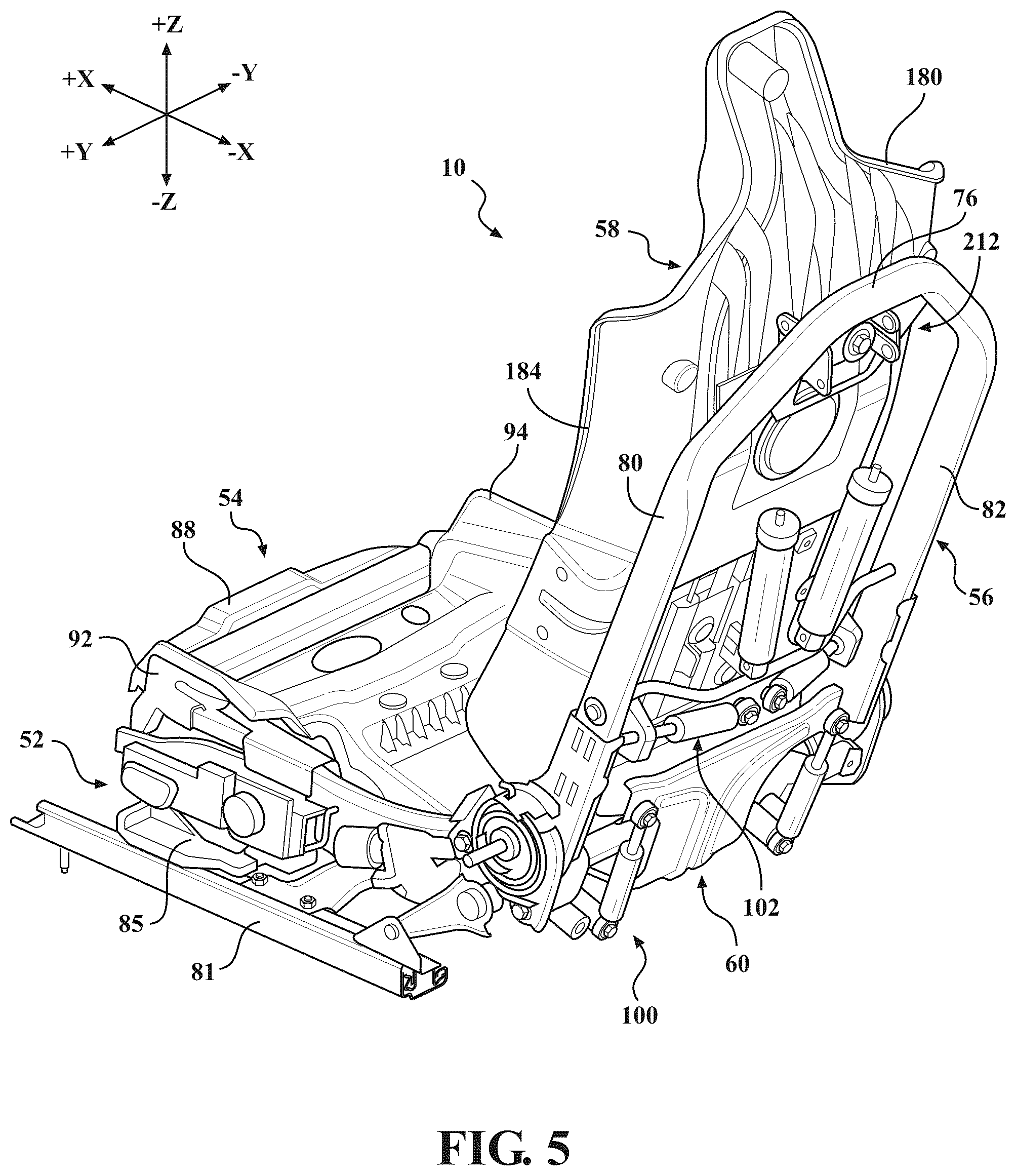 Patent US12403803 Figure 5 – Seat assemblies having fixed frames and movable seat cushions and movable seat backs with vertical dampers and clamps coupling the vertical dampers to the fixed frames