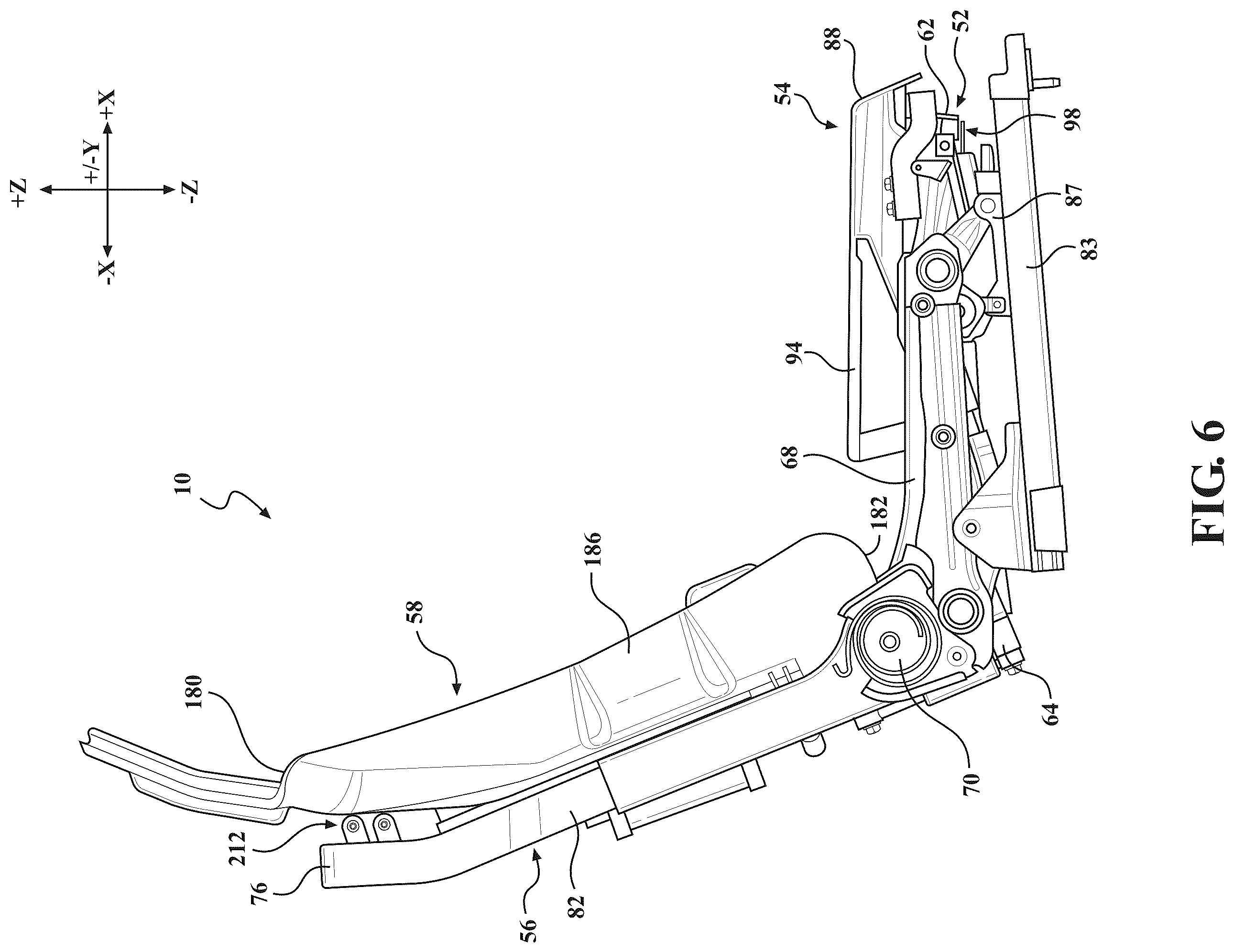 Patent US12403803 Figure 6 – Seat assemblies having fixed frames and movable seat cushions and movable seat backs with vertical dampers and clamps coupling the vertical dampers to the fixed frames