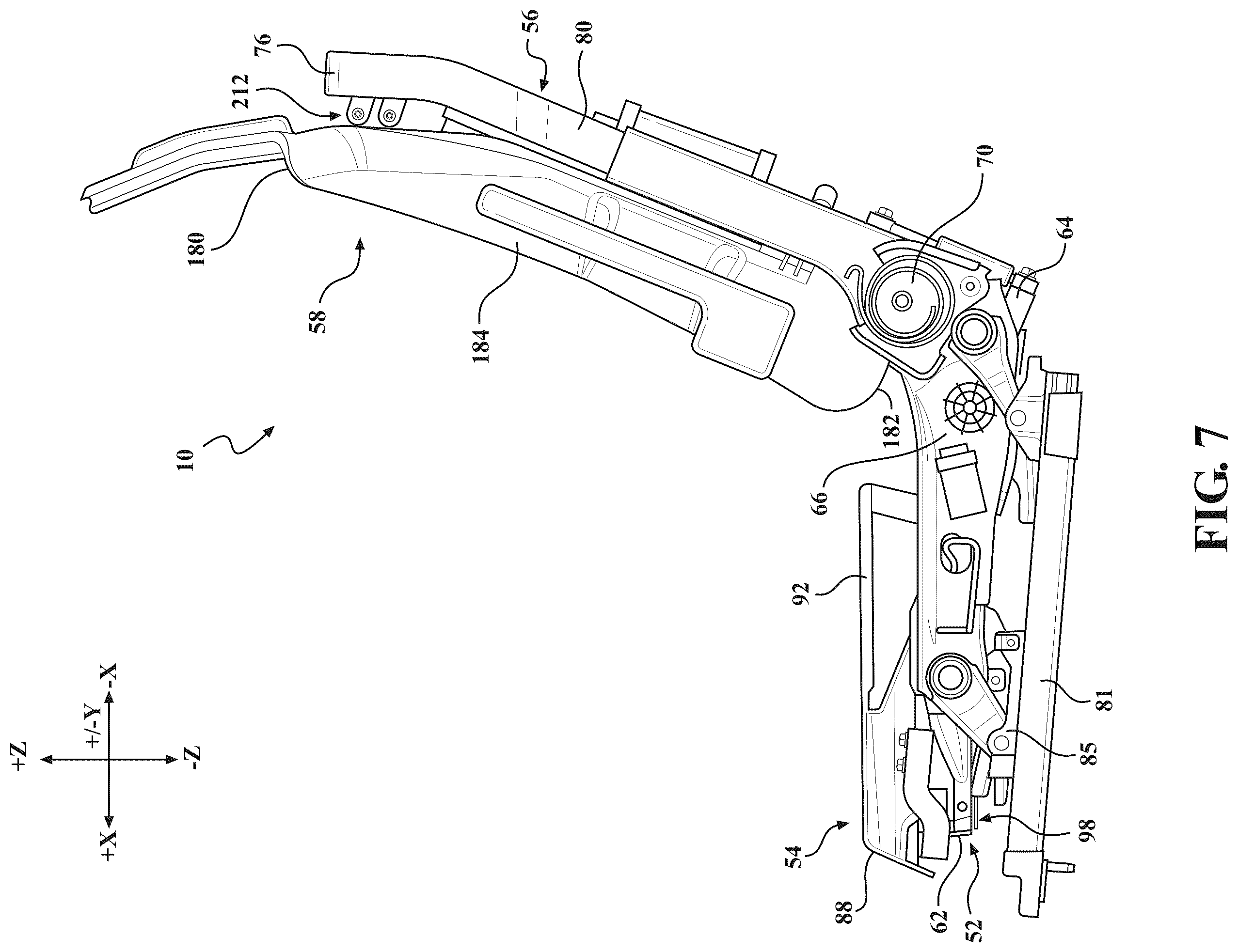 Patent US12403803 Figure 7 – Seat assemblies having fixed frames and movable seat cushions and movable seat backs with vertical dampers and clamps coupling the vertical dampers to the fixed frames