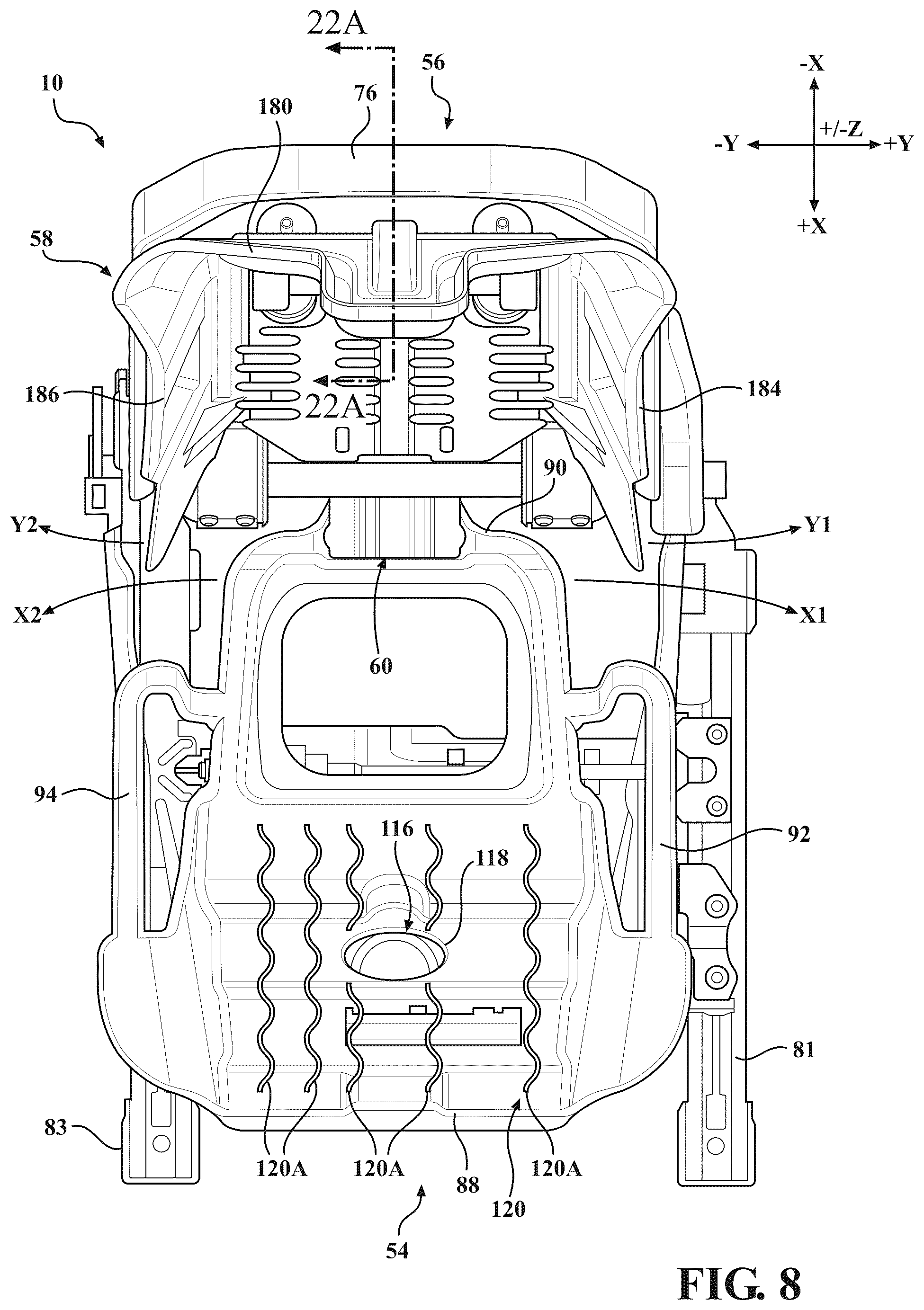 Patent US12403803 Figure 8 – Seat assemblies having fixed frames and movable seat cushions and movable seat backs with vertical dampers and clamps coupling the vertical dampers to the fixed frames