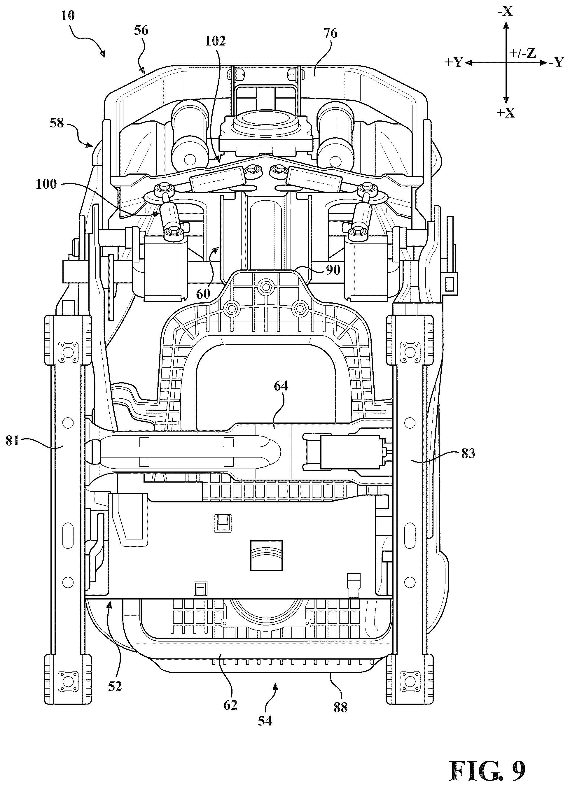 Patent US12403803 Figure 9 – Seat assemblies having fixed frames and movable seat cushions and movable seat backs with vertical dampers and clamps coupling the vertical dampers to the fixed frames