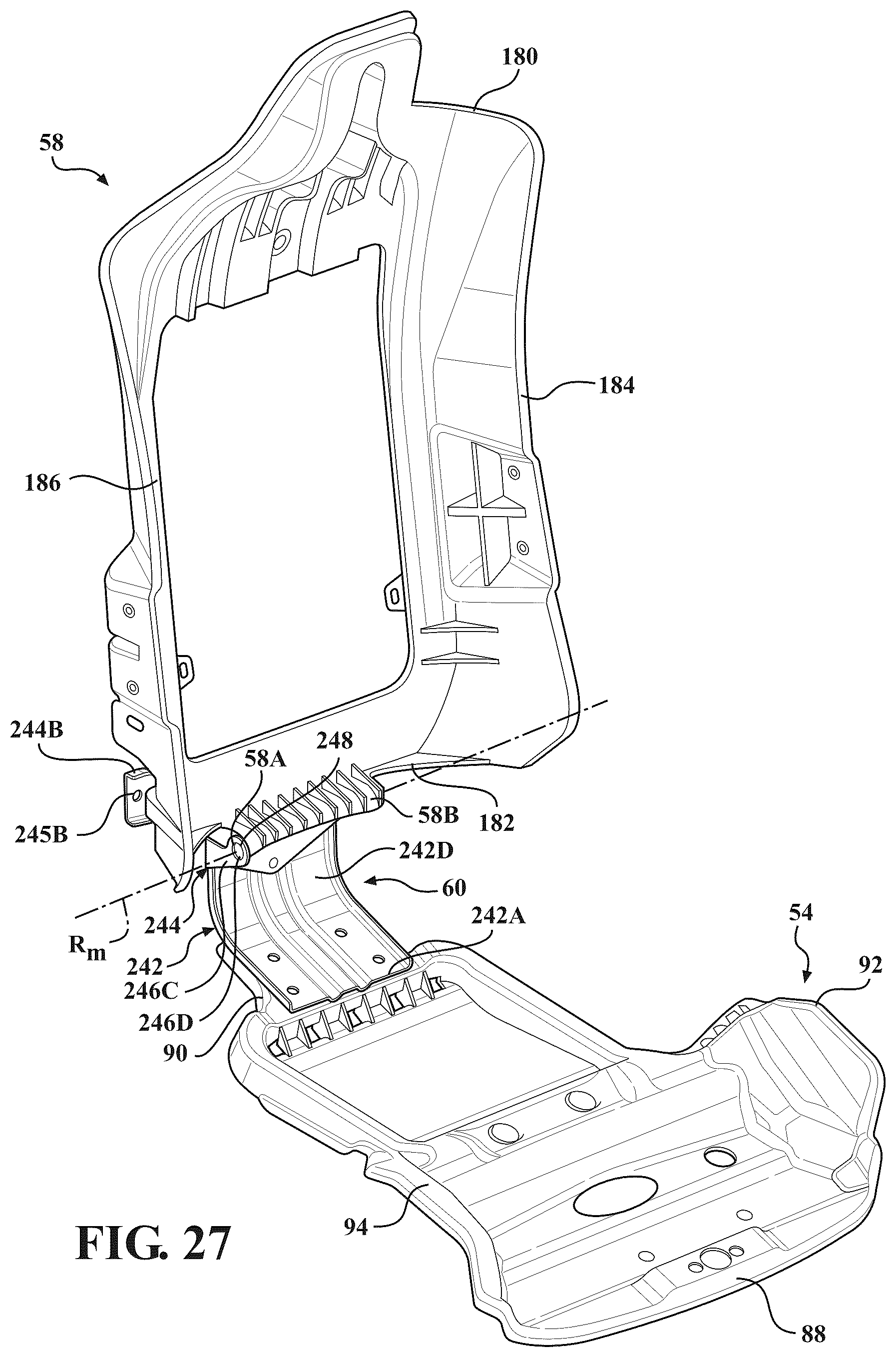 Patent US12403803 Figure 20 – Seat assemblies having fixed frames and movable seat cushions and movable seat backs with vertical dampers and clamps coupling the vertical dampers to the fixed frames