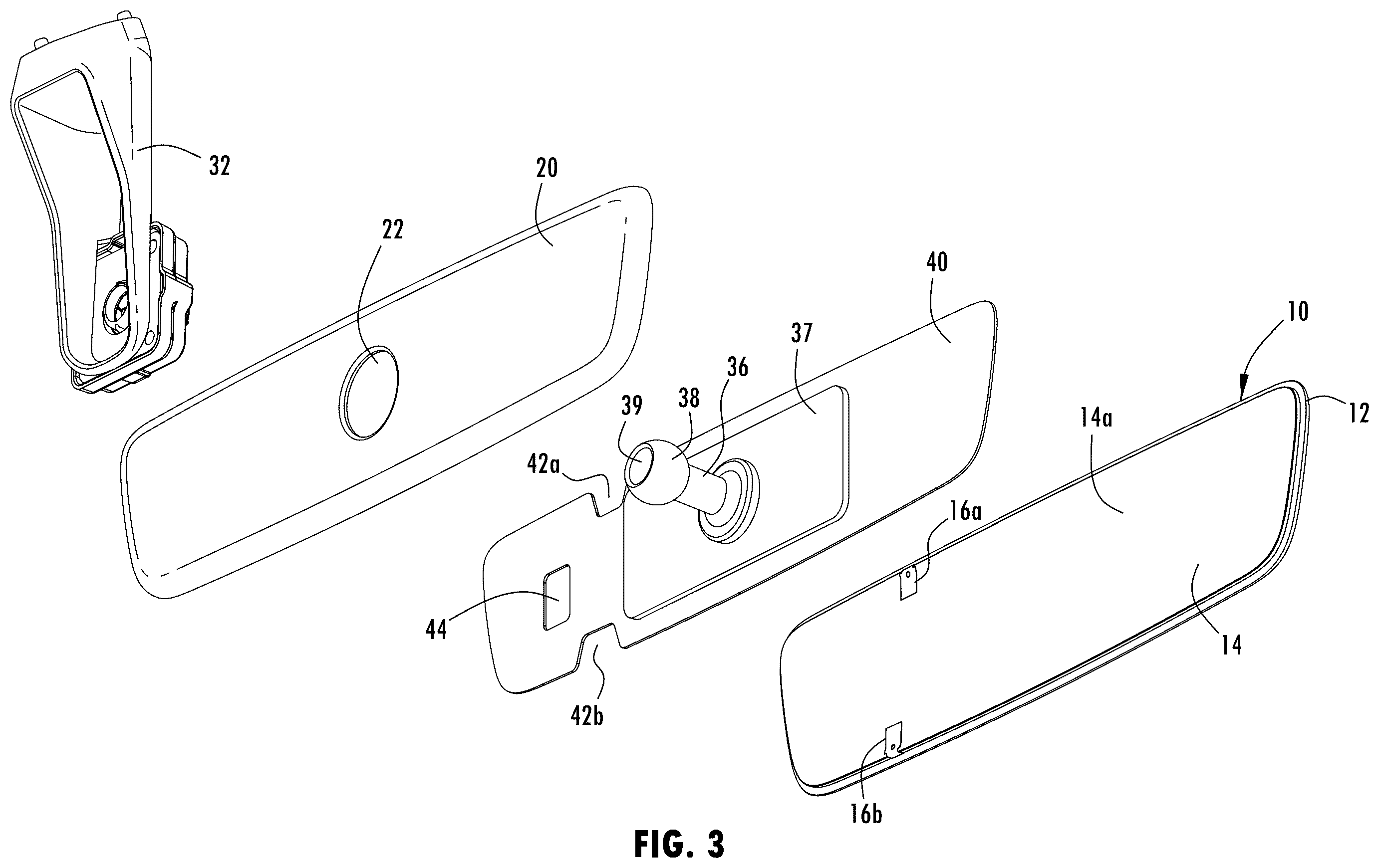 Patent US12403829 Figure 2 – Low profile inside mirror with mount fixed to a substrate of a mirror element
