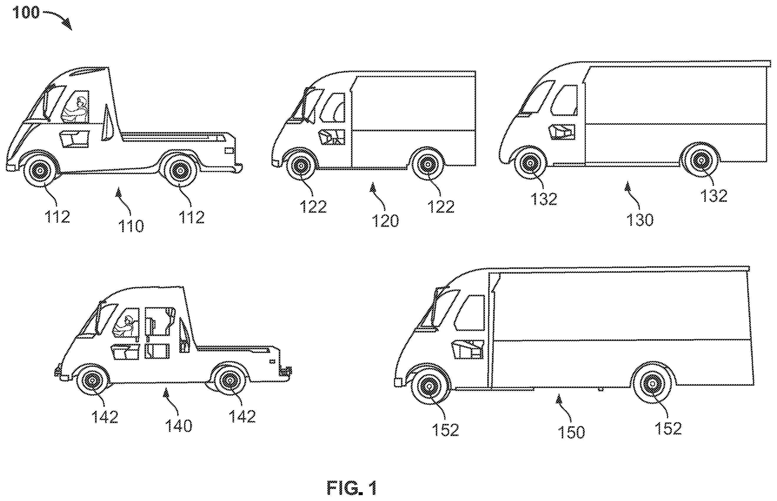 Patent US12403838 Figure 1 – Electric vehicles incorporating flatbeds and methods associated therewith