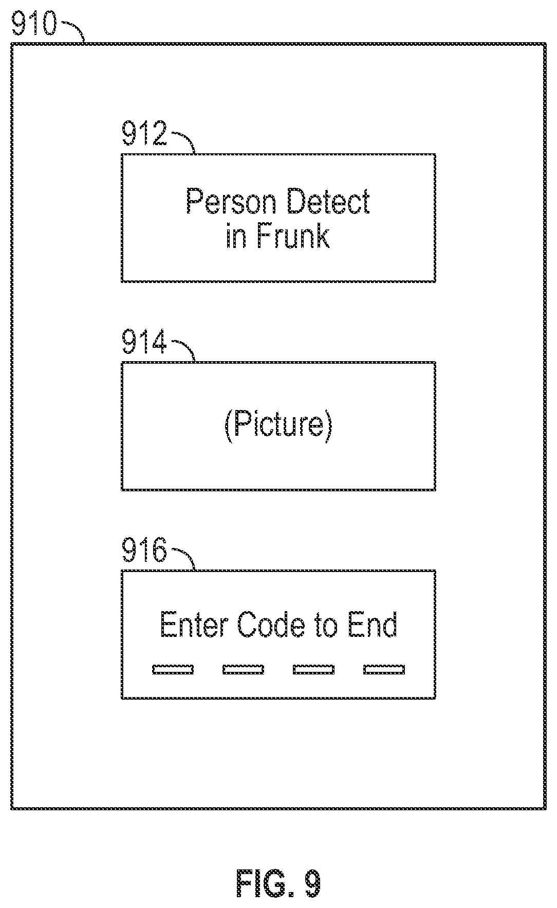 Patent US12403857 Figure 9 – Accessible delivery storage and anti-entrapment feature for an electric vehicle front trunk